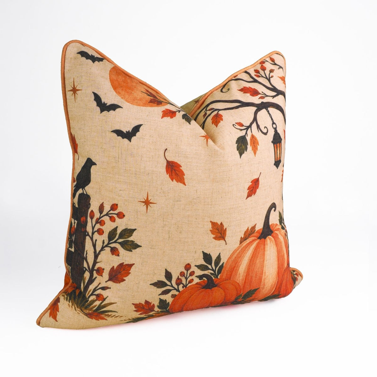 Halloween Pumpkin Viscose Linen Decor Piping Pillow Cover - Kadu