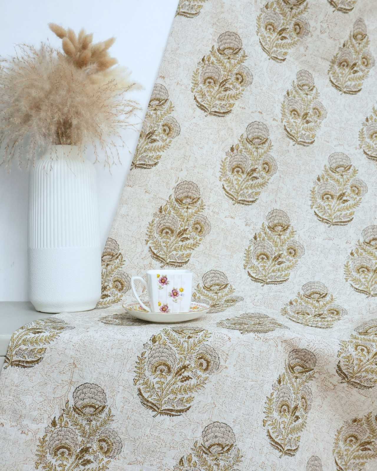 Wooden Block Gray Floral Linen Bedroom Drapery - Mohini