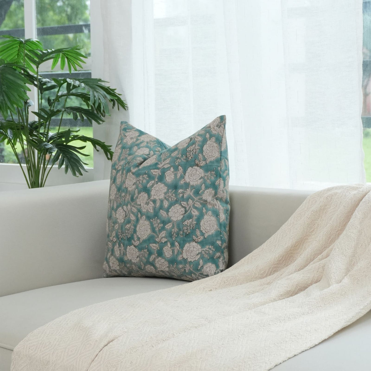 Handcrafted Decor Rameshwaram Teal Linen Pillow Cover