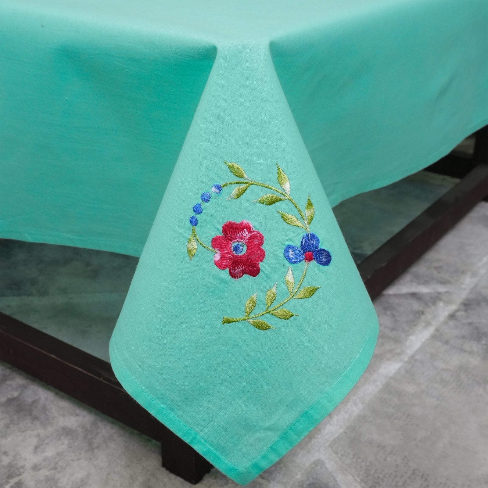 Aqua Green Red Floral Boho Embroidered Cotton Tablecloth | Decor