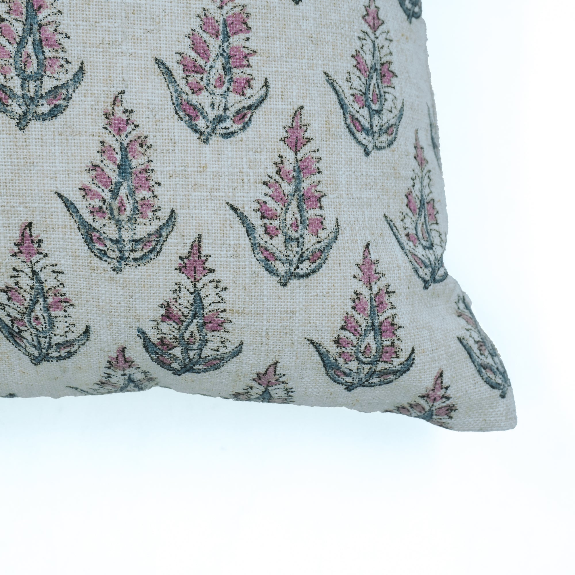 Hand Print Viscose Linen Pink Floral Cushion - Kanak Buti