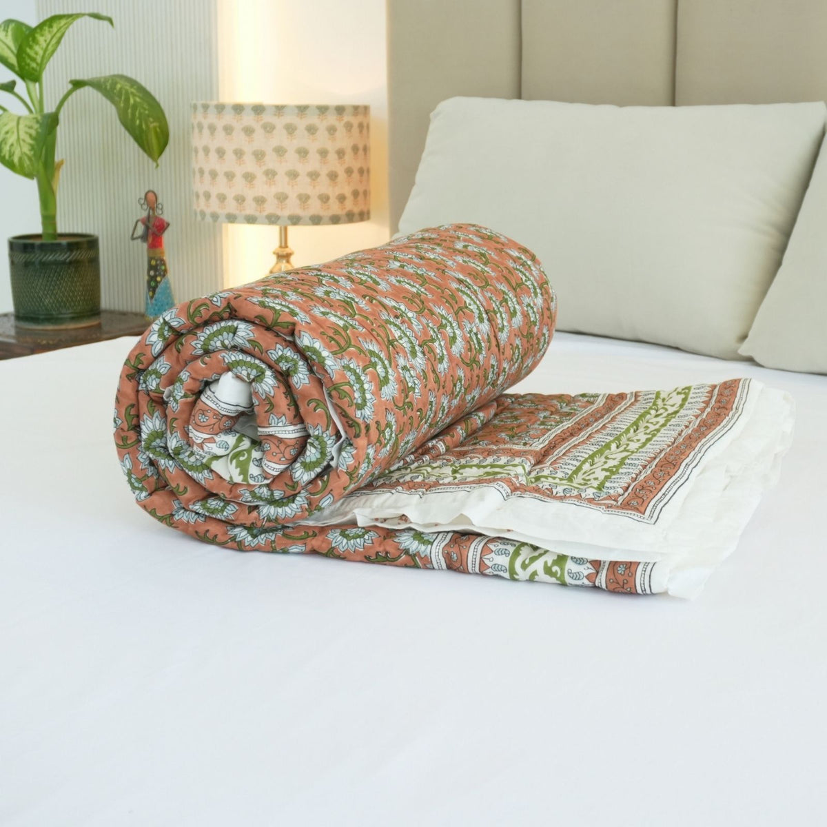 Block Print Floral Border Decorative Cotton Quilt - Rajanigandha