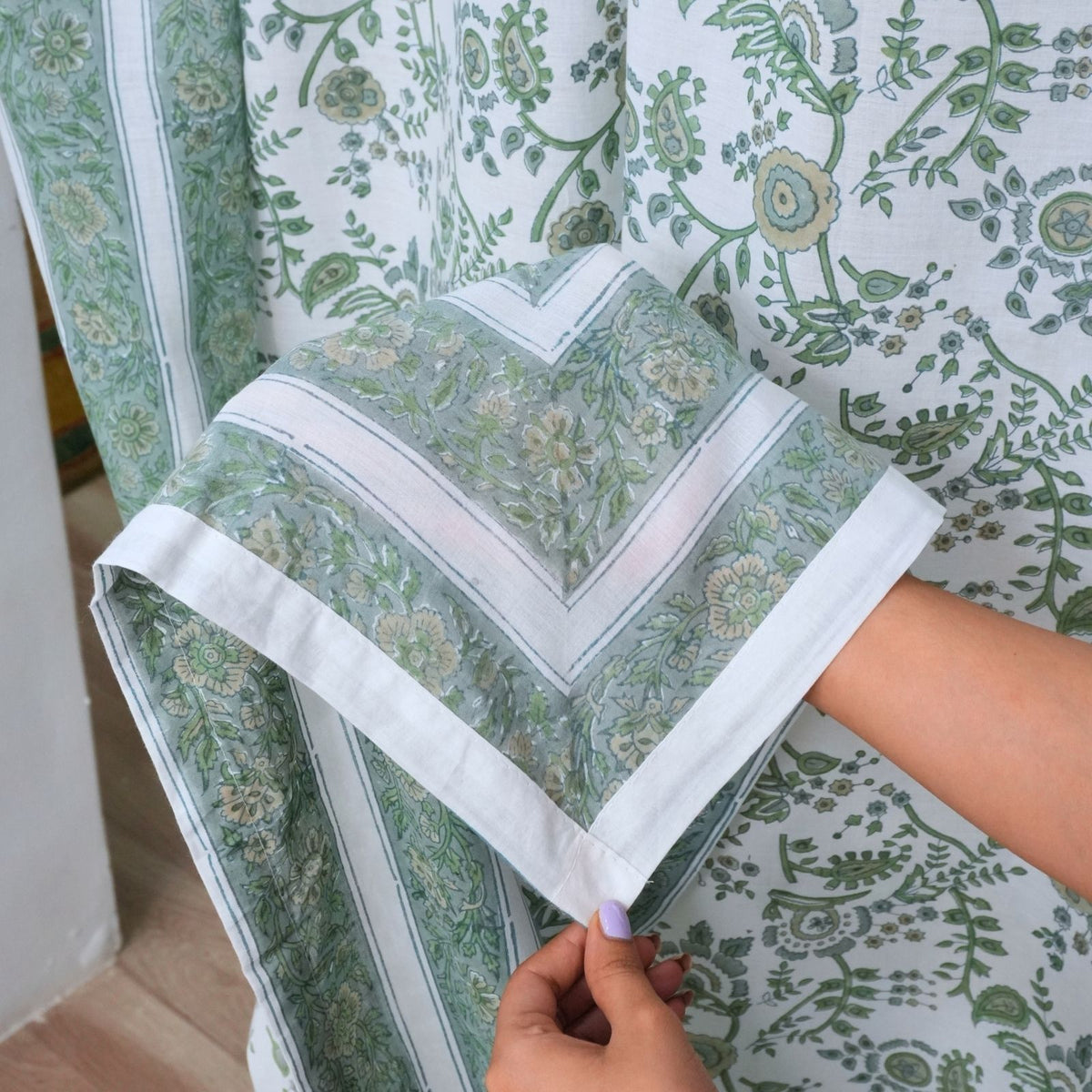 Block Print Arpan Sage Green Floral Cotton Curtain