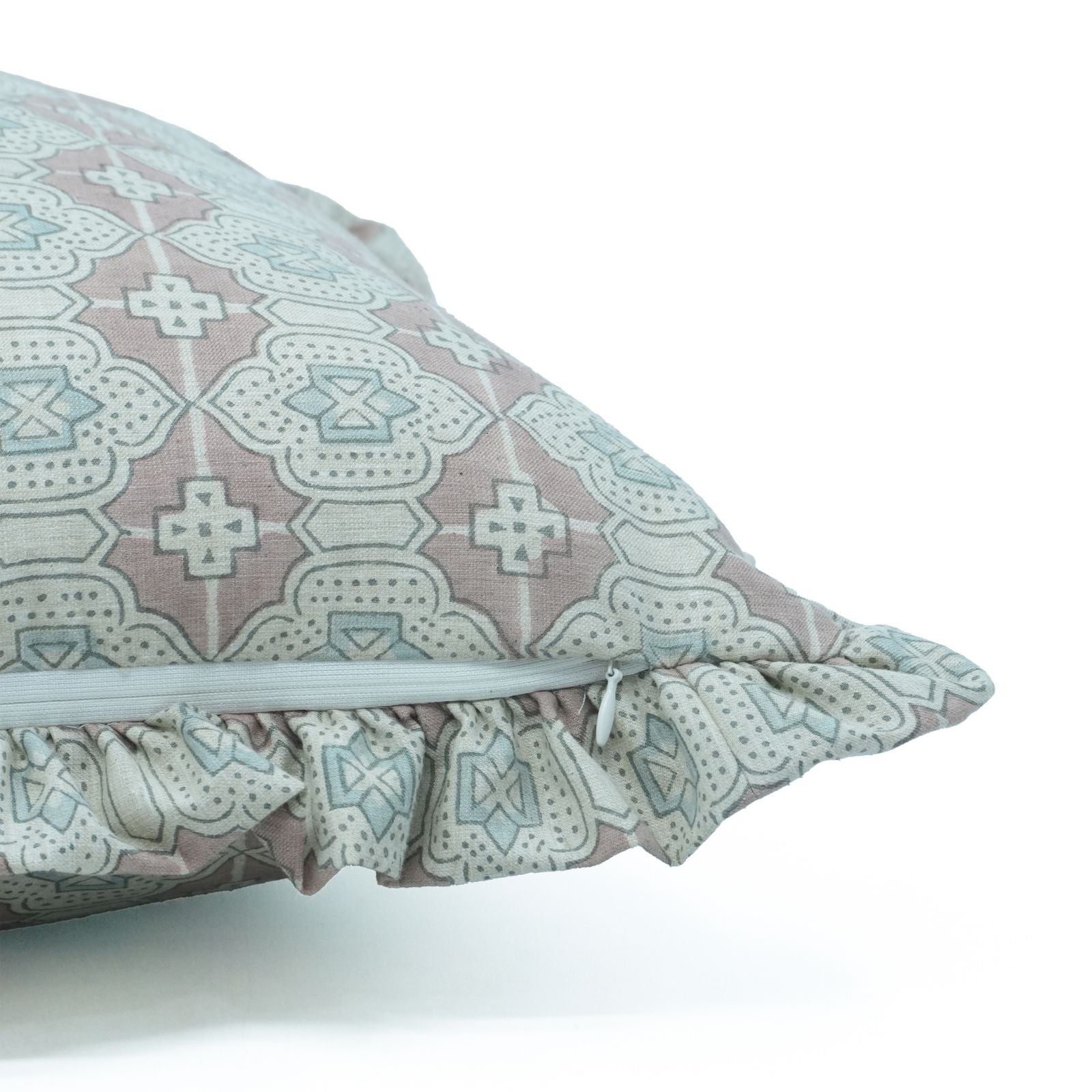 Block Print Peach Floral Frill Linen Cushion Cover – Jharoka