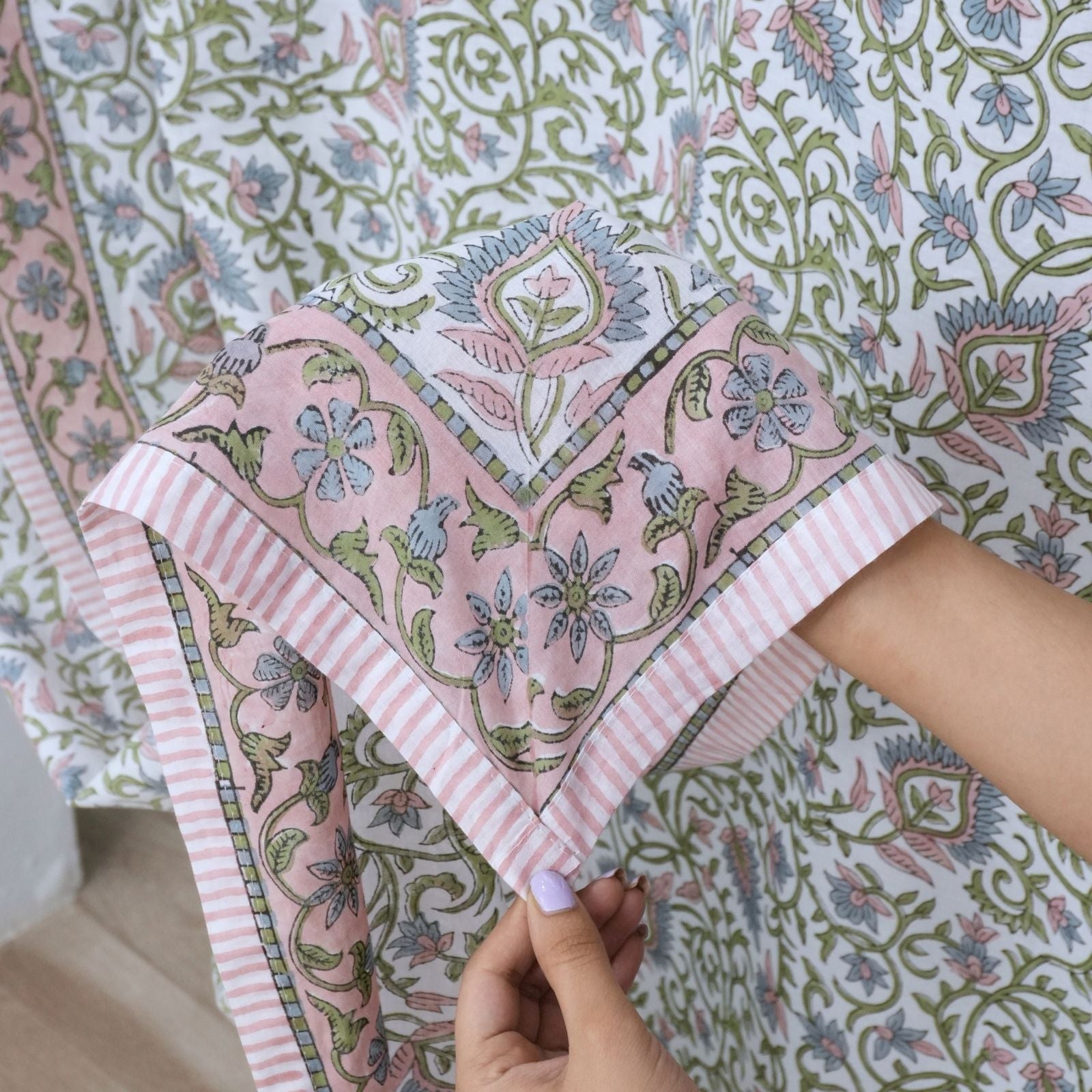 Wooden Block Print Pink Floral Cotton Curtain - Hawamahal