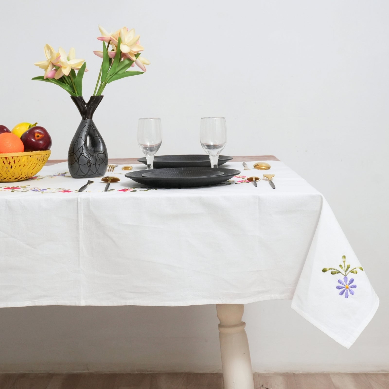 Blue Floral Embroidered 100% Thick Cotton Table Cover