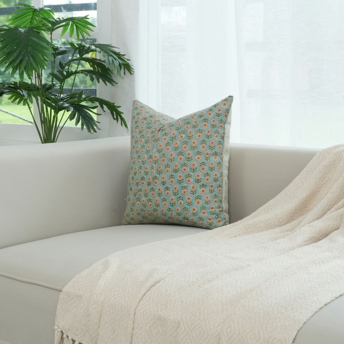 Tulsi Buti Block Print Sage Green Floral Linen Cushion Cover