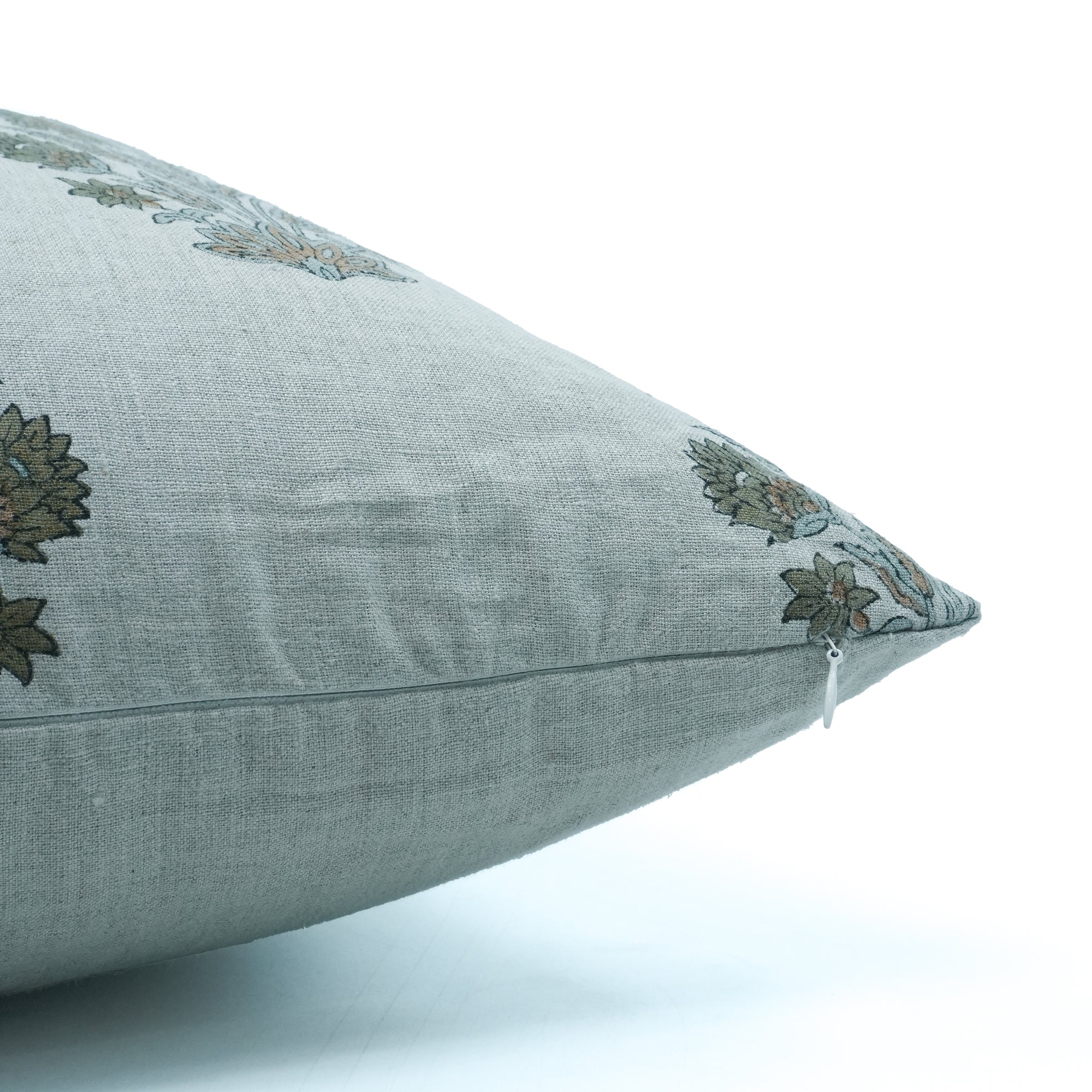 Morpankh Block Print Pure Linen Cushion Cover Green Floral 