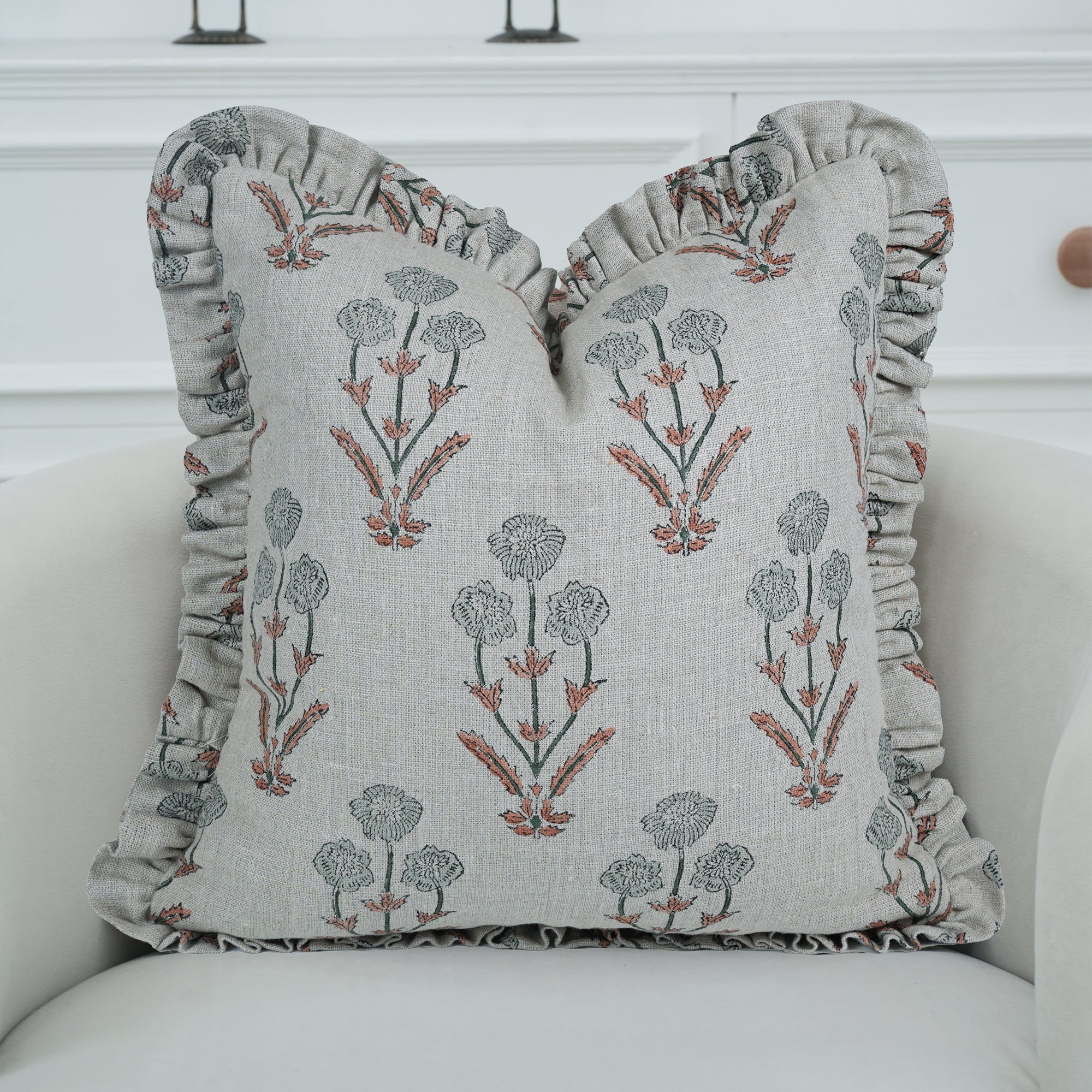 Amitabh Block Print Linen Ruffled Frill Cushion Cover