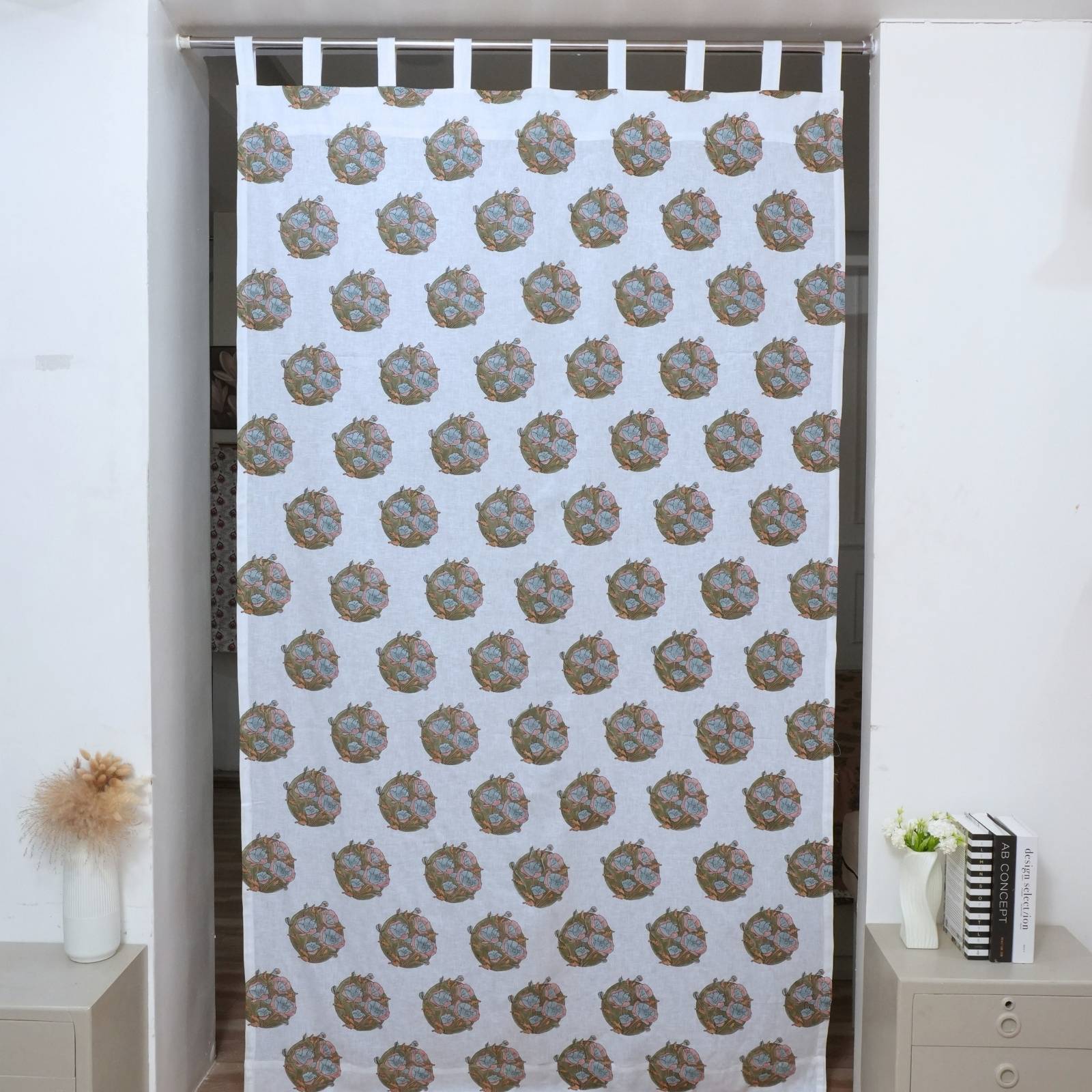 Indain Pink Floral Block Print Viscose Colored Linen Curtains - Sandhya Pushap