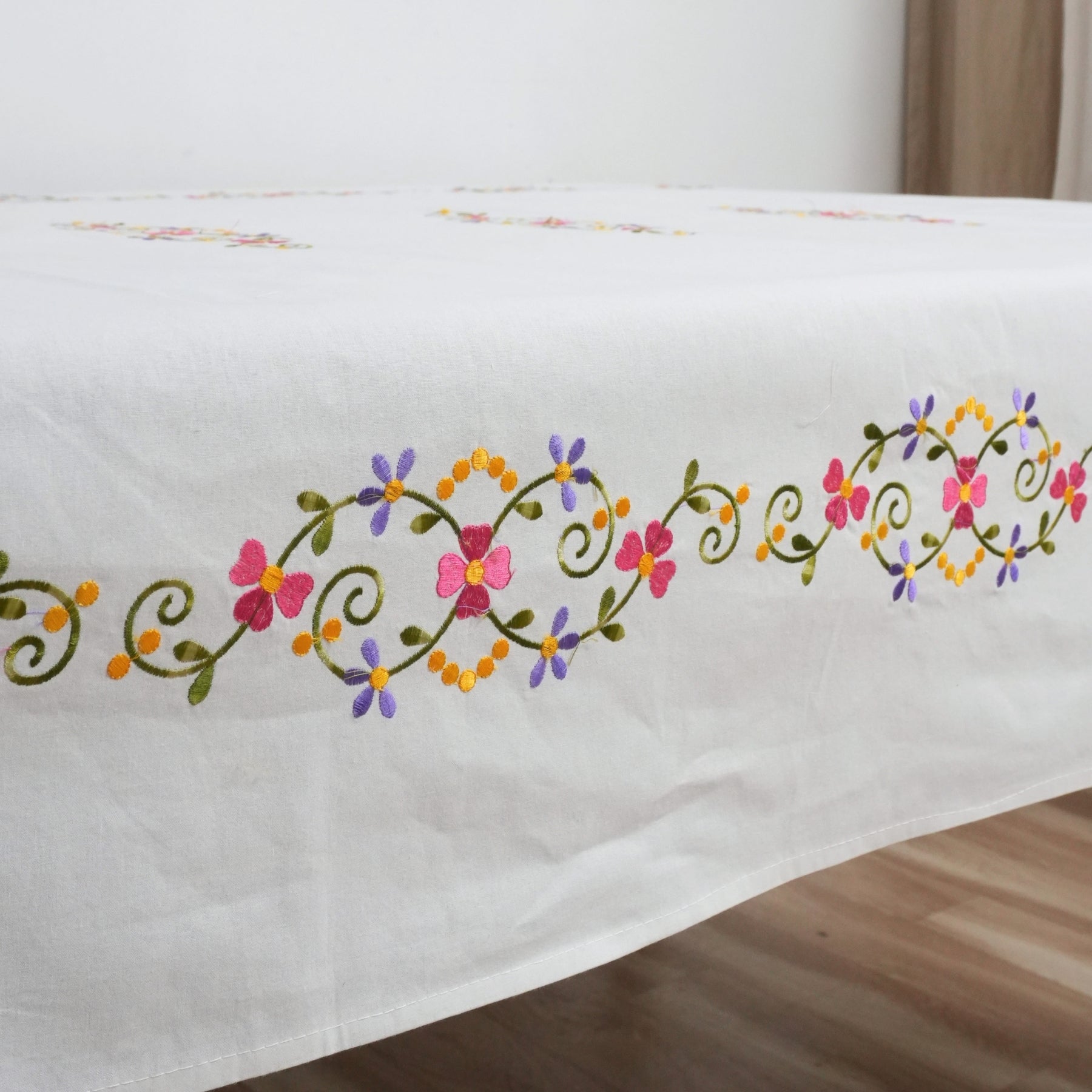 Pink and Green Floral Embroidered Thick Cotton Table Cover