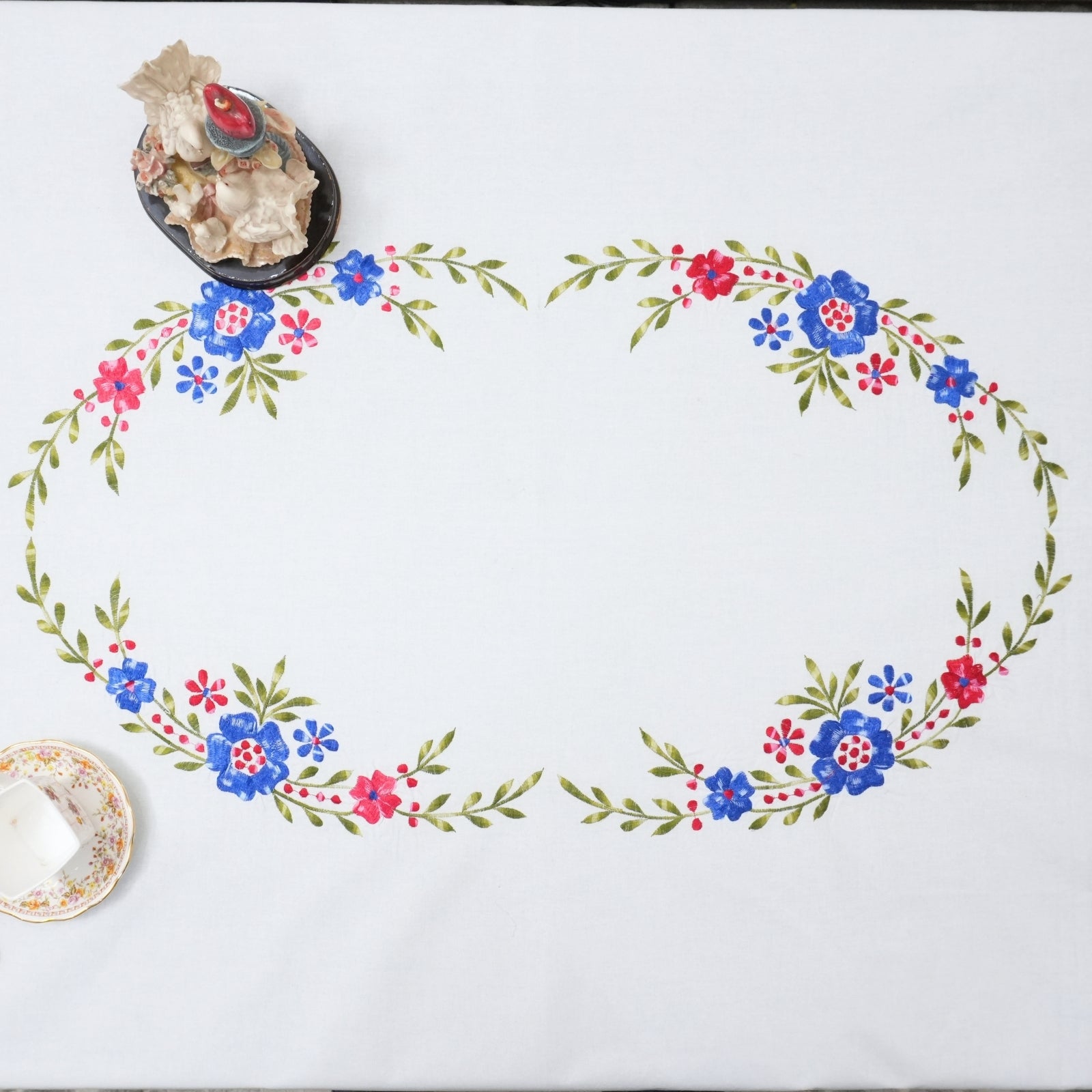Red Floral Embroidered Cotton Tablecloth | Farmhouse Decor