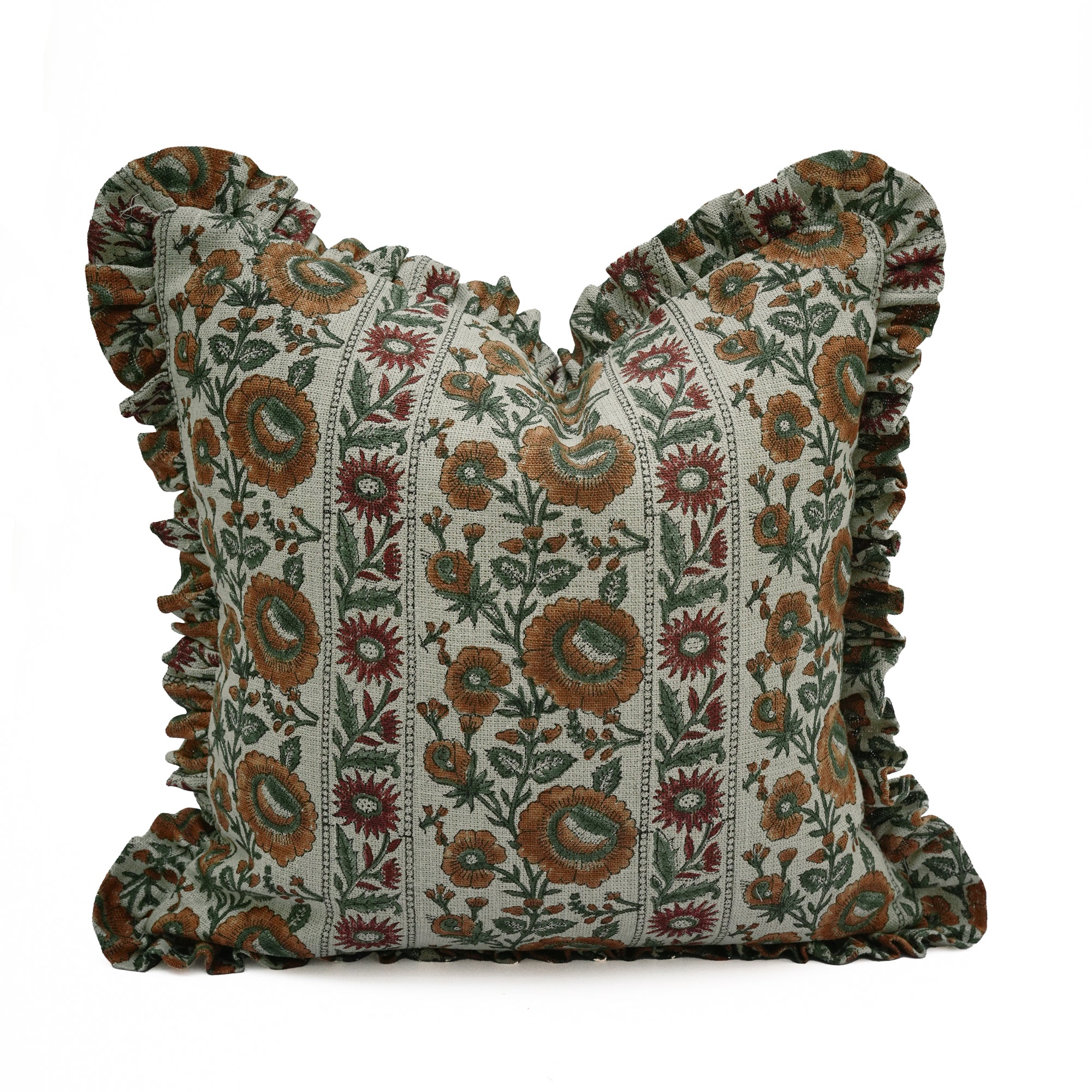 Sunflower Block Printed Linen Frill Cushion Cover - Rust Floral