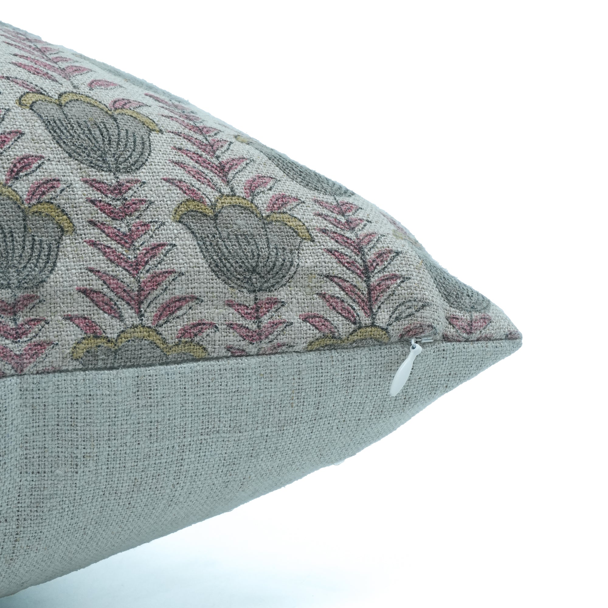 Lotus Handcrafted Thick Linen Cushion Cover Pink and Gray Floral