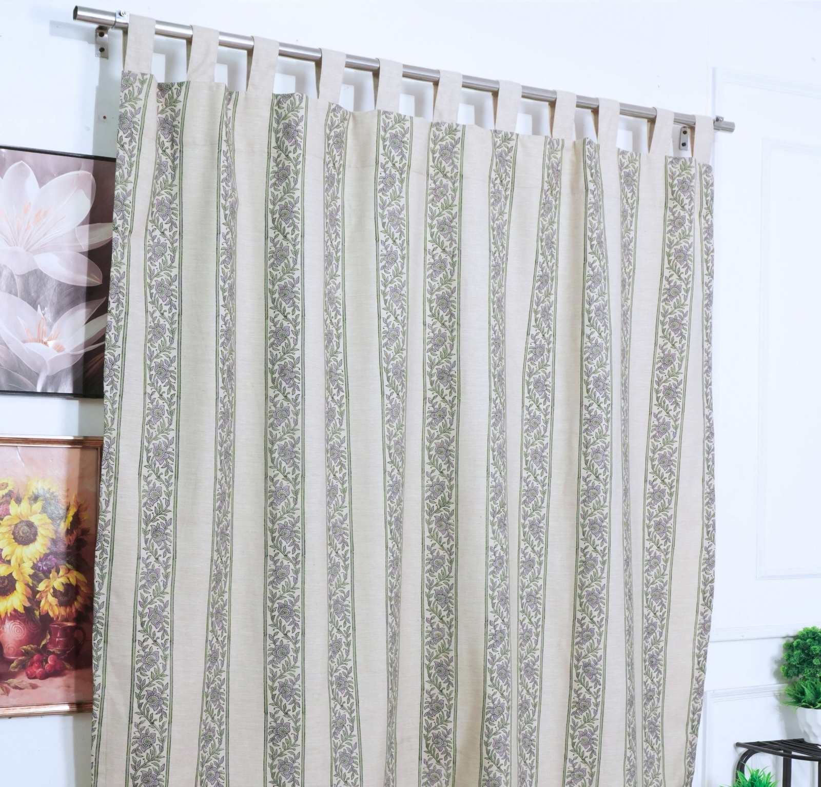 Indian Artisan Lavender Floral Linen Blend Tab Top Curtains - Kushi