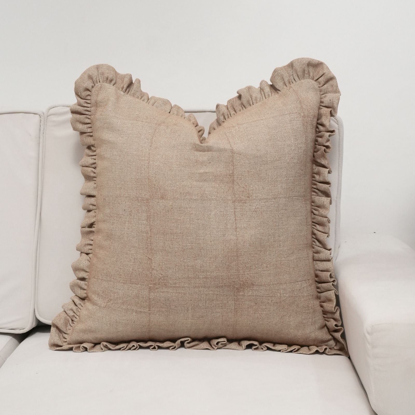 Solid Beige Thick Linen Ruffle Pillow Cover | Home Decor Accent