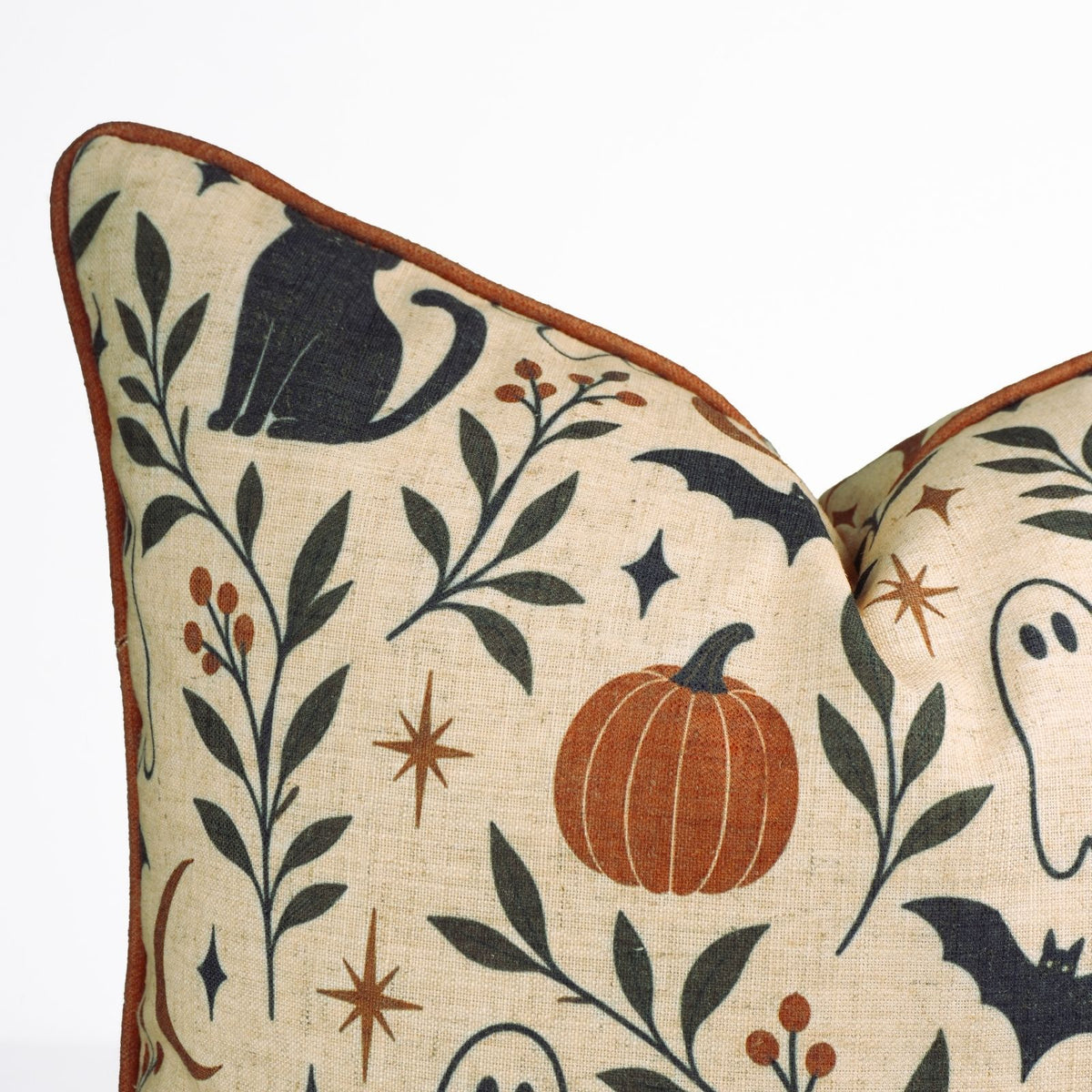 Spooky Cats &amp; Ghosts Halloween Piping Linen Throw Cushion