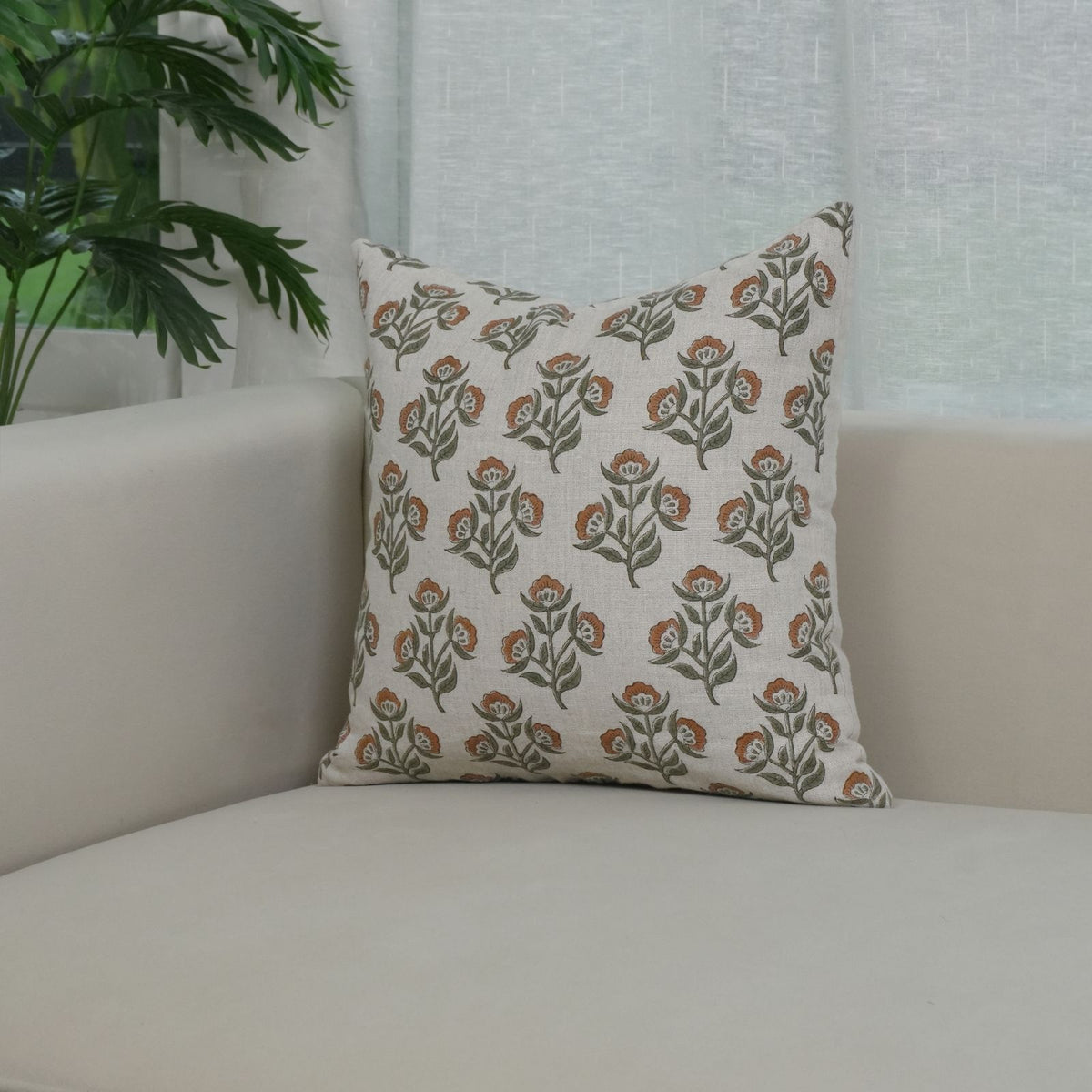 Rust Floral Pure Linen Indian Print Cushion Cover – Bael Patra