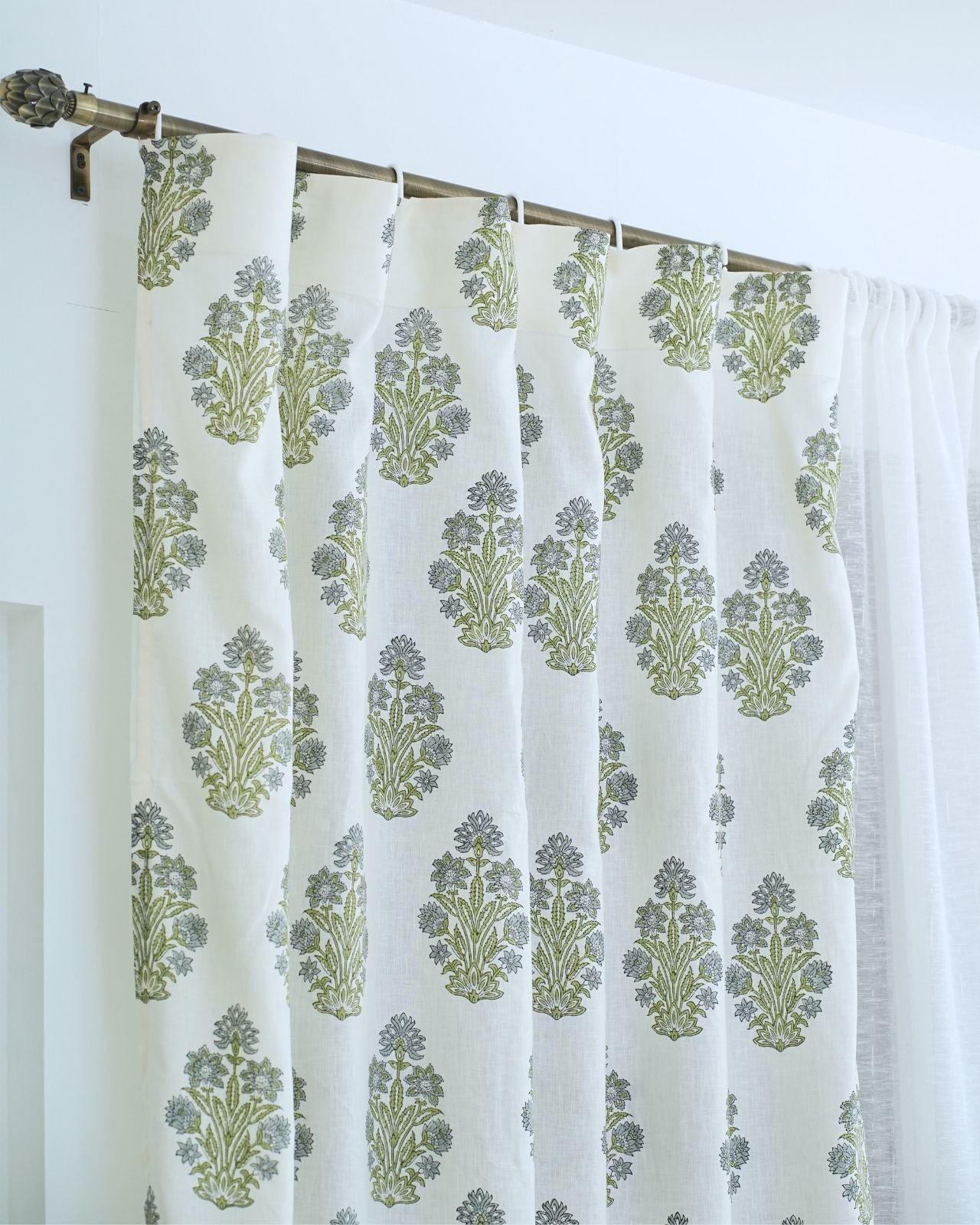 Indian Block Print Ring Curtain in Green &amp; Grey Floral - Morpankh