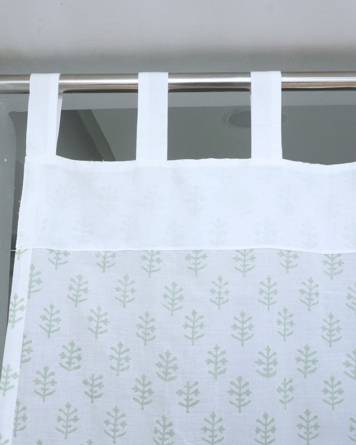 Jasmine Block Print Sage Green 100% Cotton Tab Top Curtain