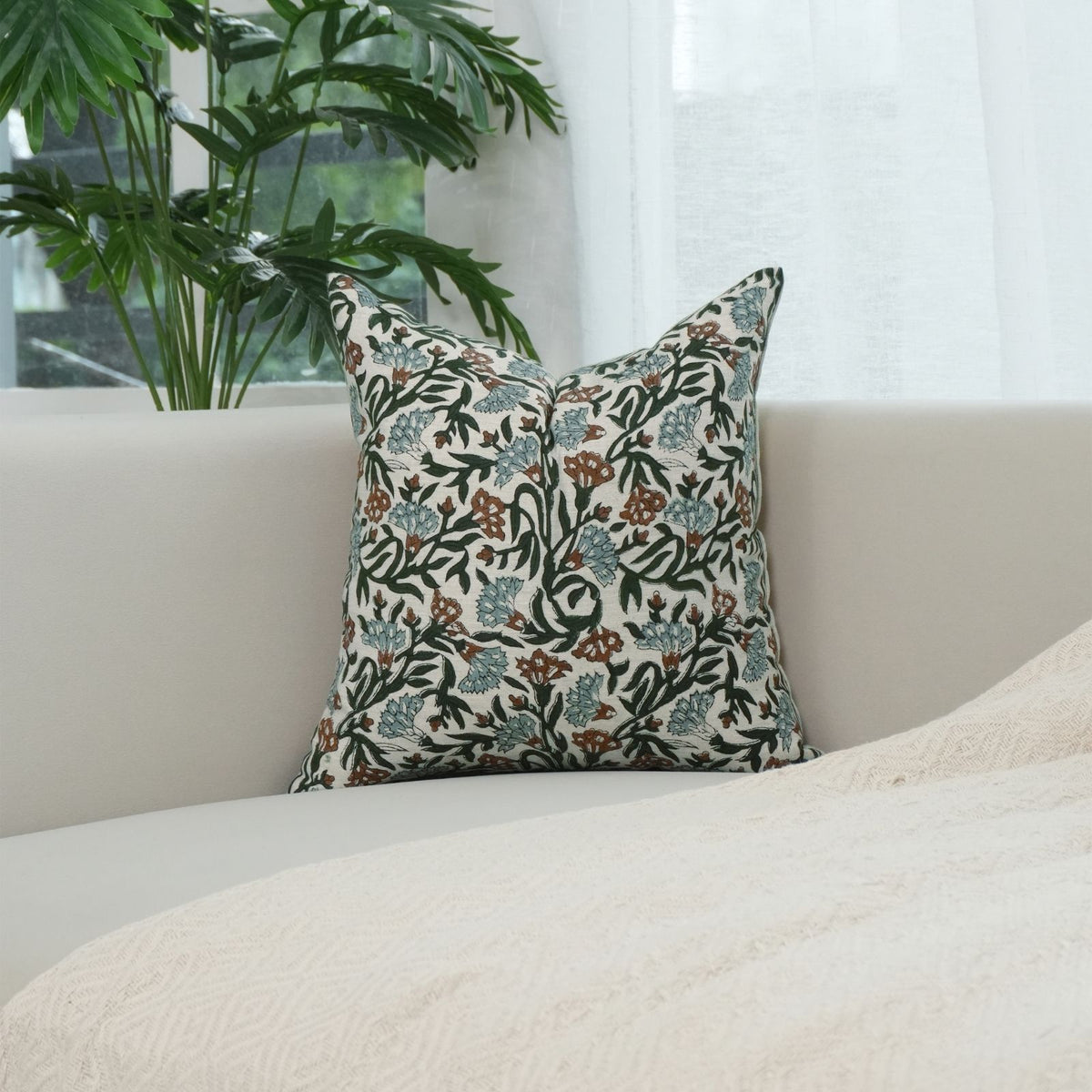 Block Print Thorny Stems Dusty Blue Linen Blend Cushion Cover