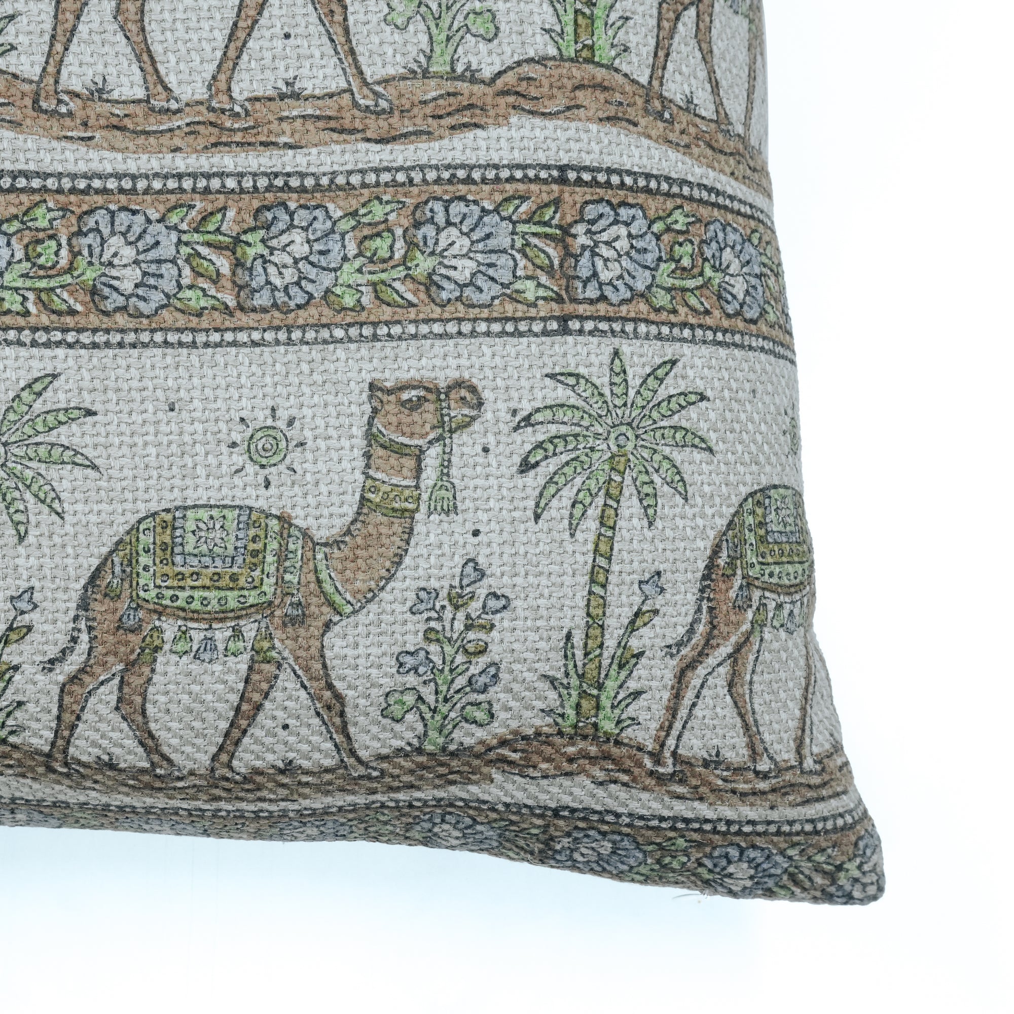 Camel Brown Block Print Jute Linen Pillow Cover 