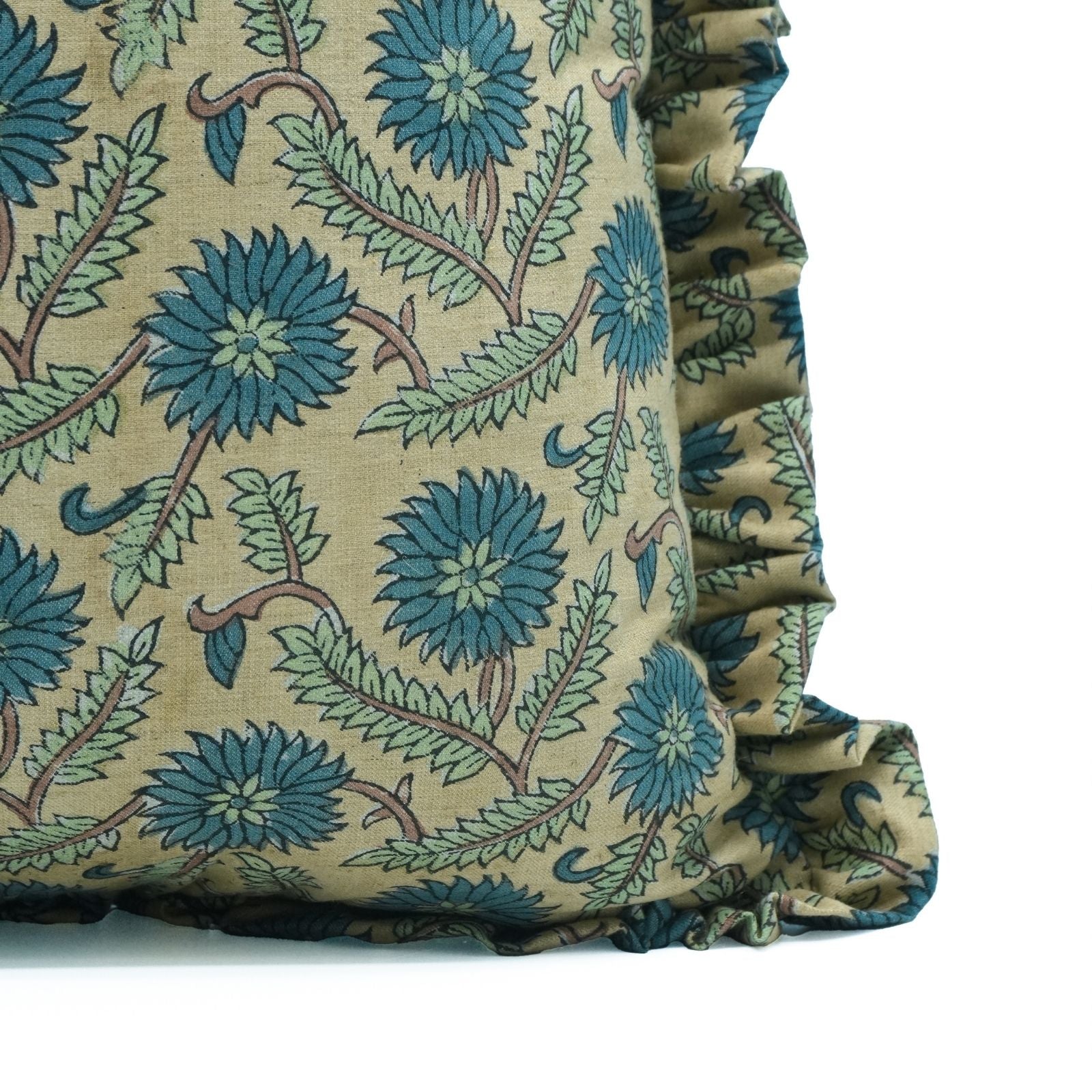Block Print Frill Linen Blend Indoor Sofa Pillow Cover - Swarna