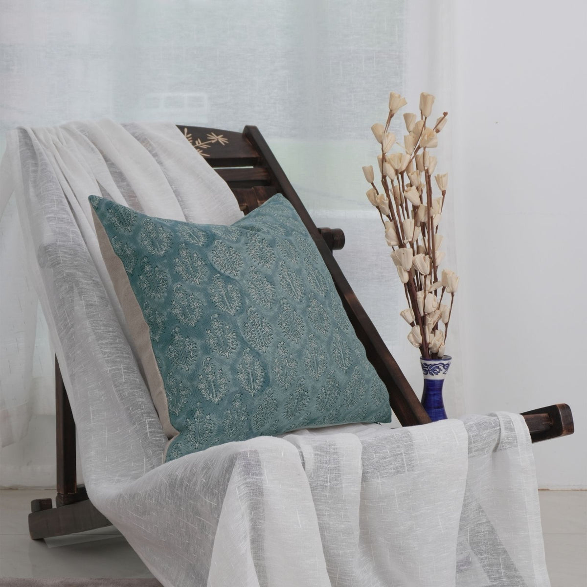 Block Print Neelgagan Blue Throw Cushion Cover