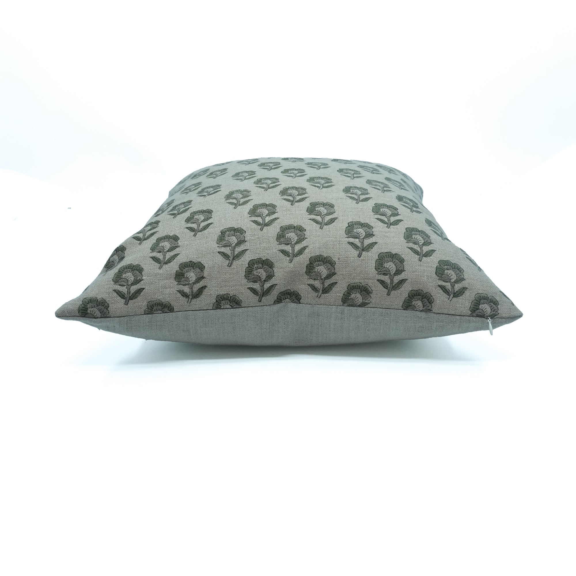 Rohini Gray Floral Block Print Thick Linen Pillow Cover 