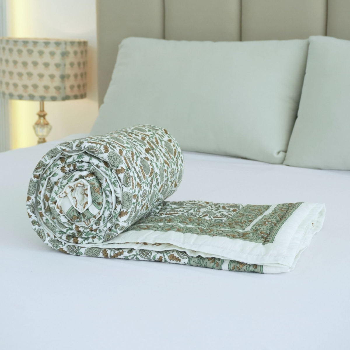 Block Print Sage Green Cotton Reversible Quilt - Gopi