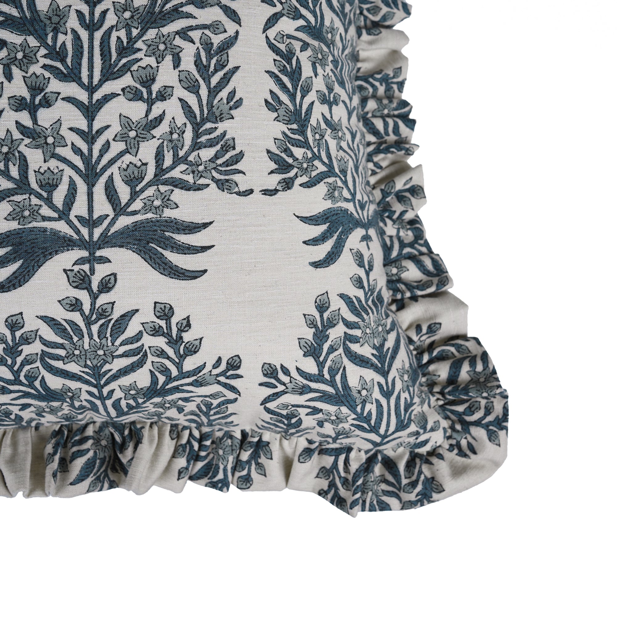 Vrindavan Block Print Frill Pillow Cover on Linen Blend