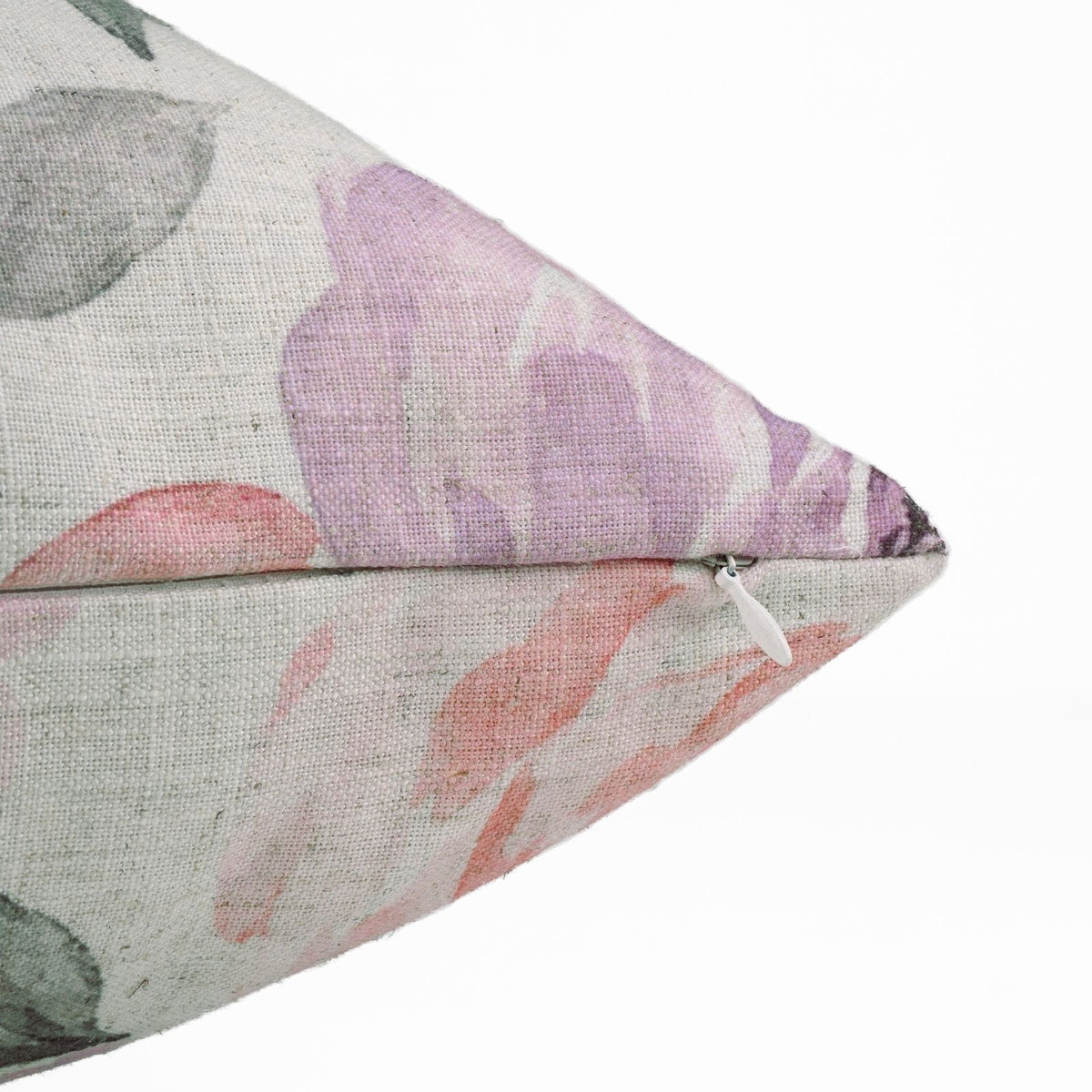 Pink Rose Floral Printed Natural Cream Linen Pillow Cover