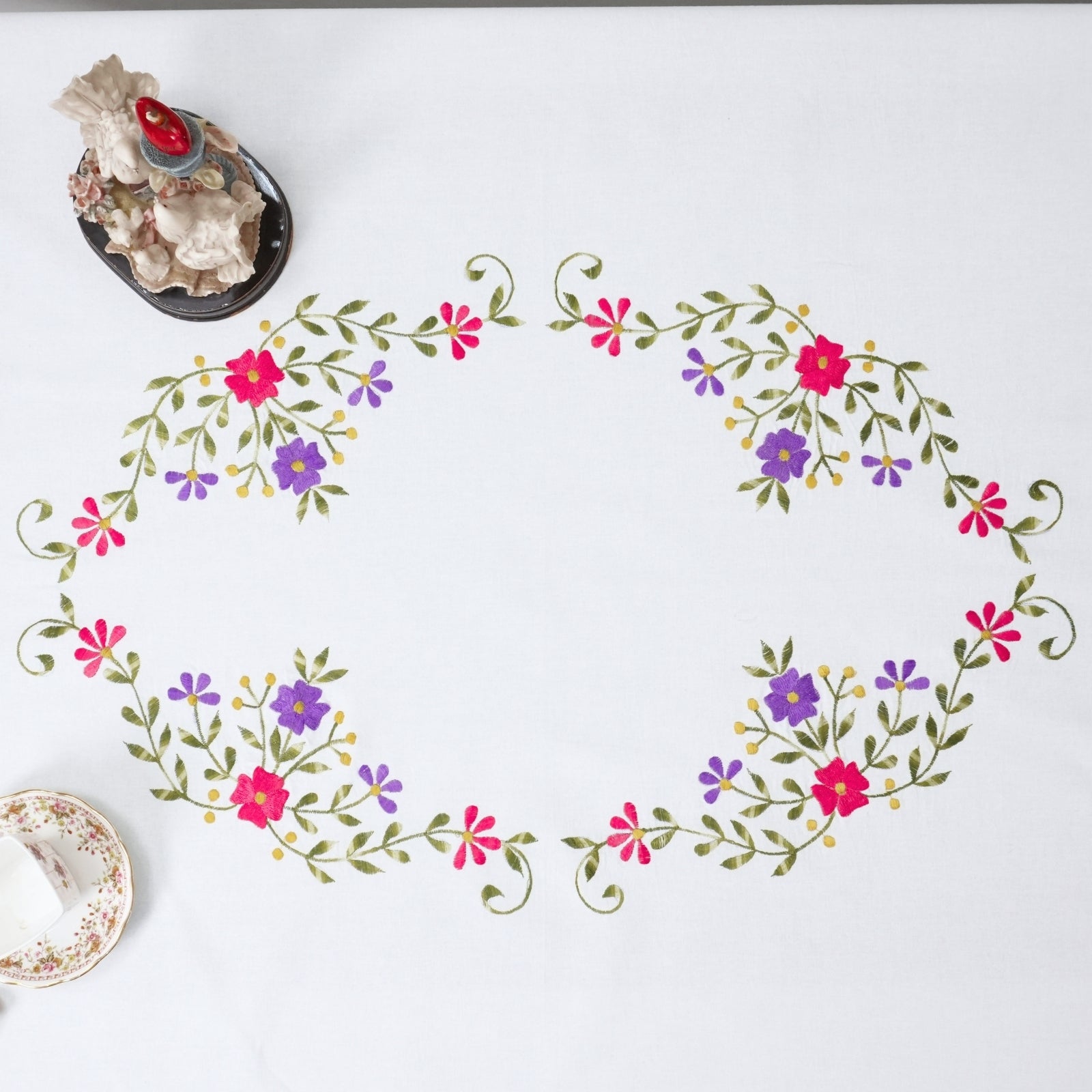 Pink Green Floral Boho Embroidered Pure Cotton Table Cover | Decor