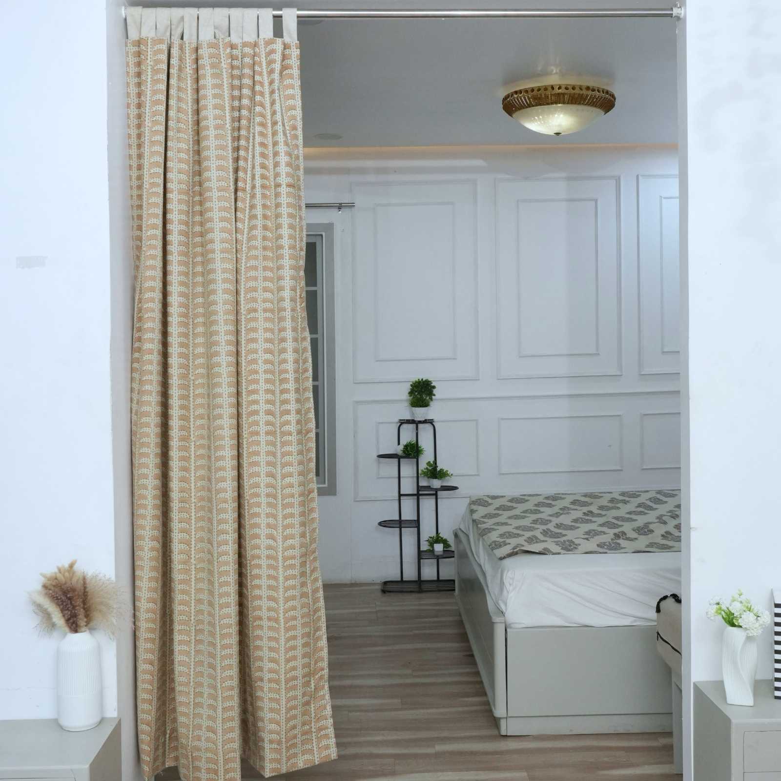 Garud Hand Block Print Tab Top Curtains | Peach Stripe Linen