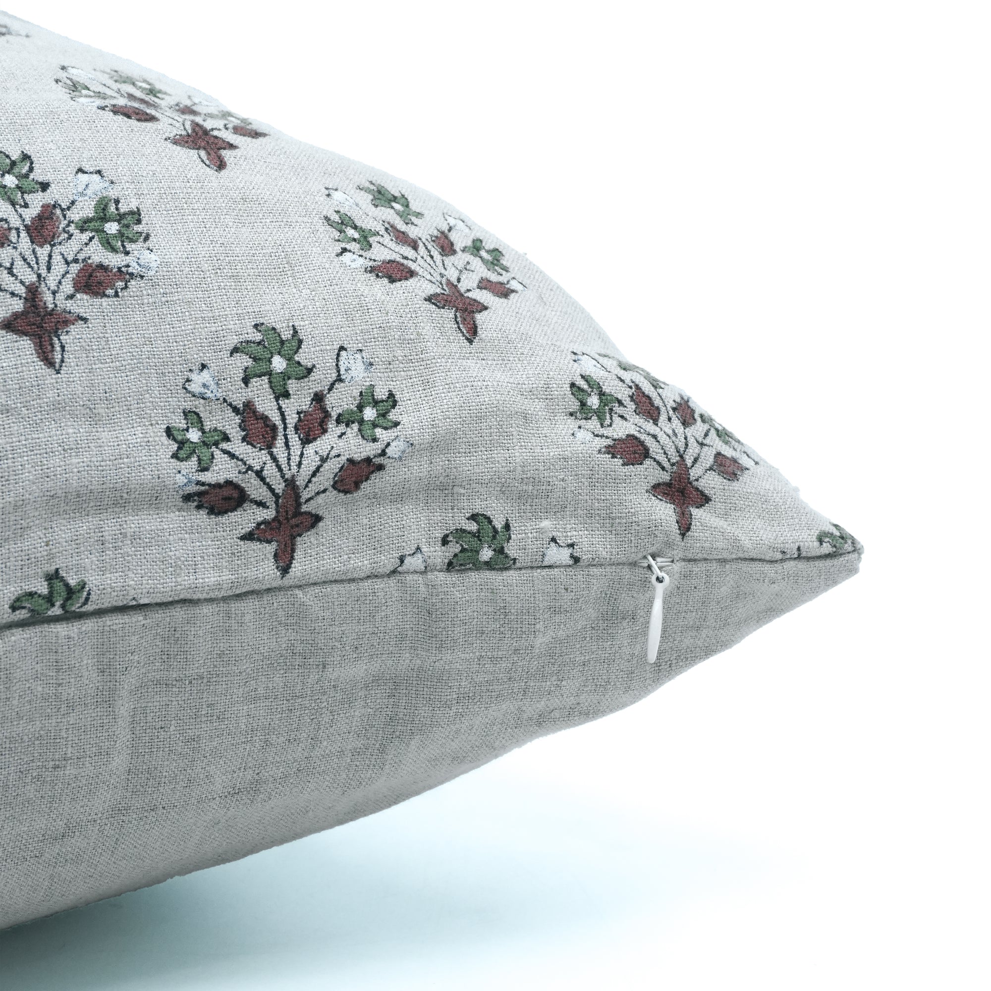 Hand Block Print Linen Cushion Cover Green &amp; Brown Diwali Flower