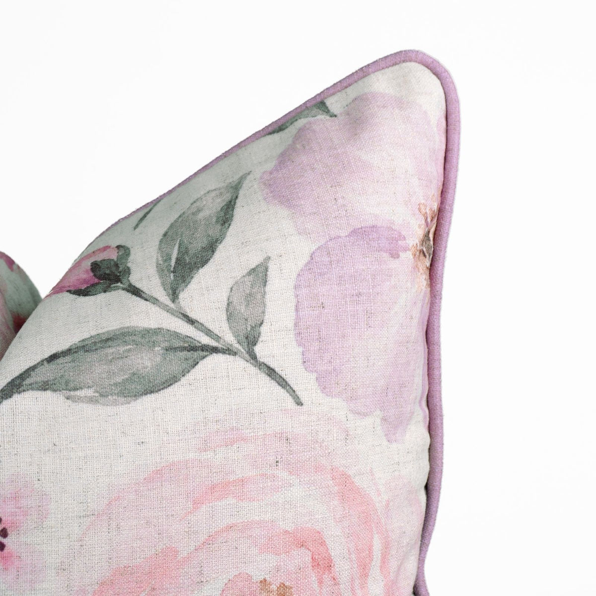 Rose Floral Printed Cream Viscose Linen Piping Cushion Cover 