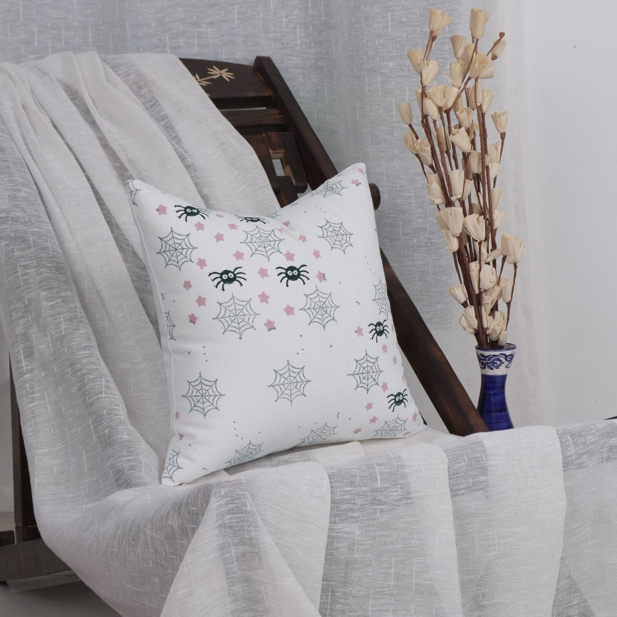 Halloween Block Print Spider Web Thick White Cotton Cushion