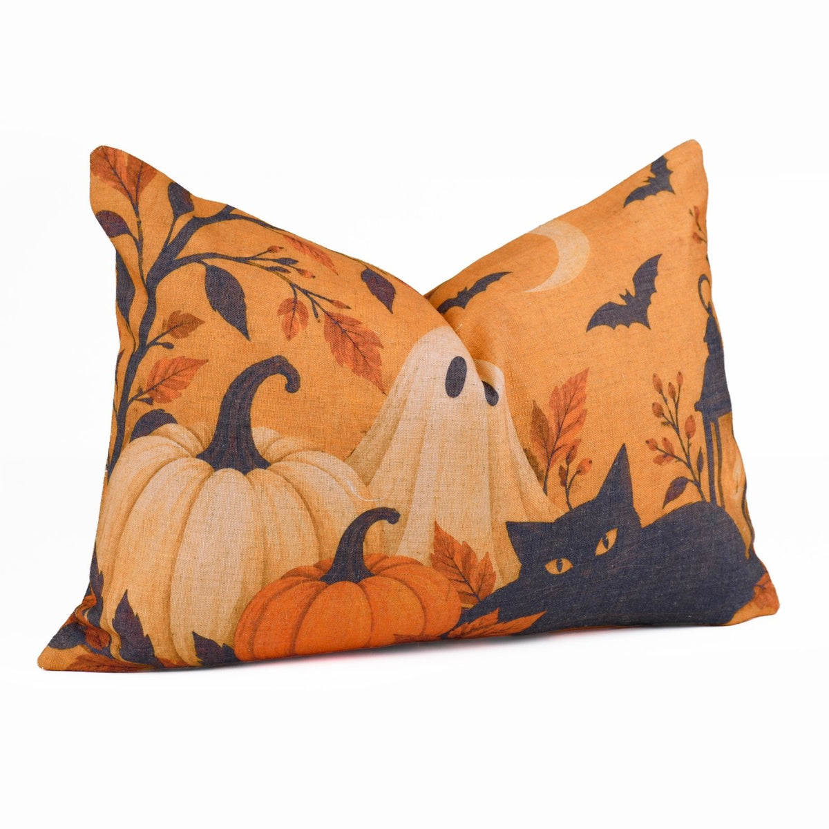 Haunted Cat Printed Orange Linen Lumbar Pillow Cover