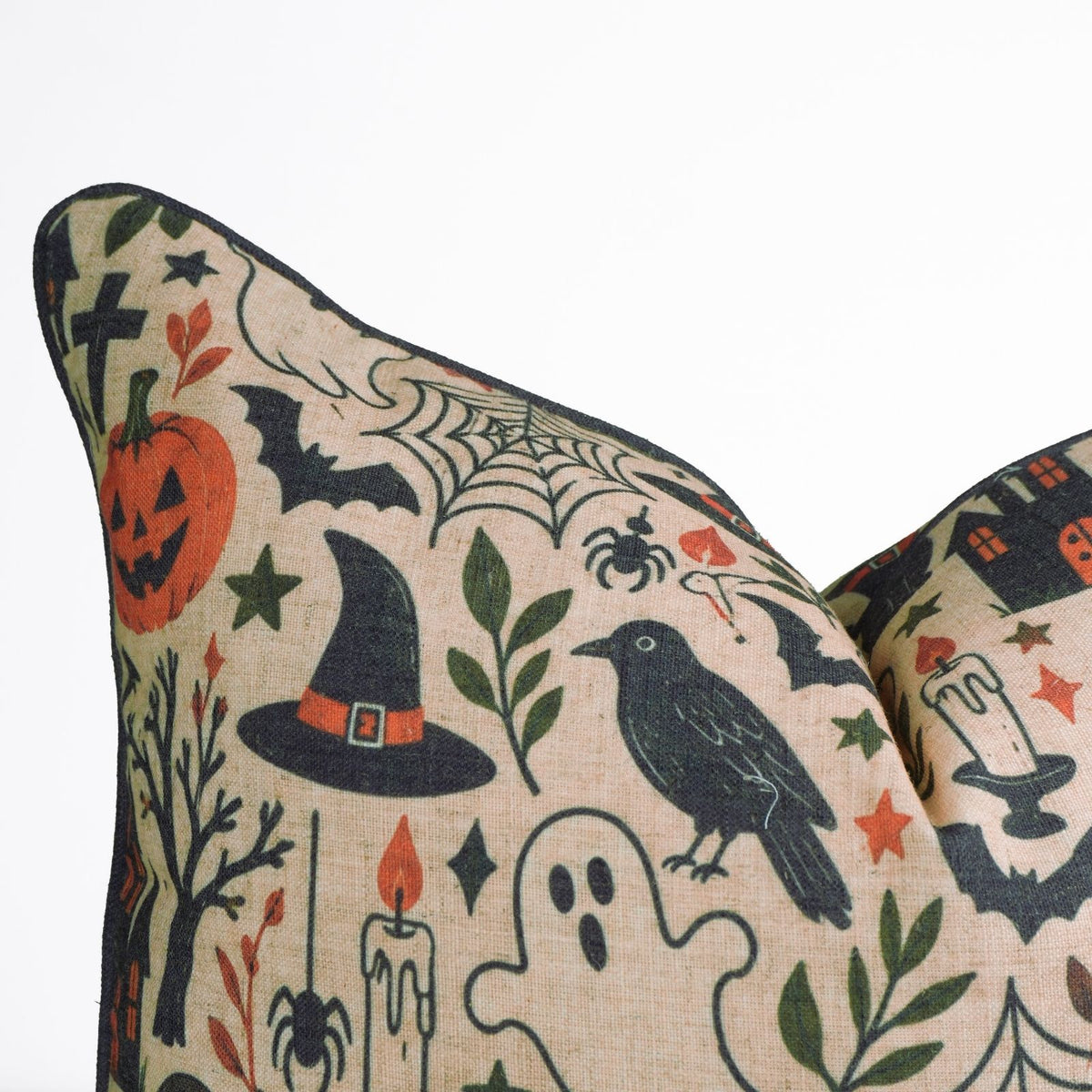 Halloween Printed Beige Linen Piping Pillow Cover - BooMix