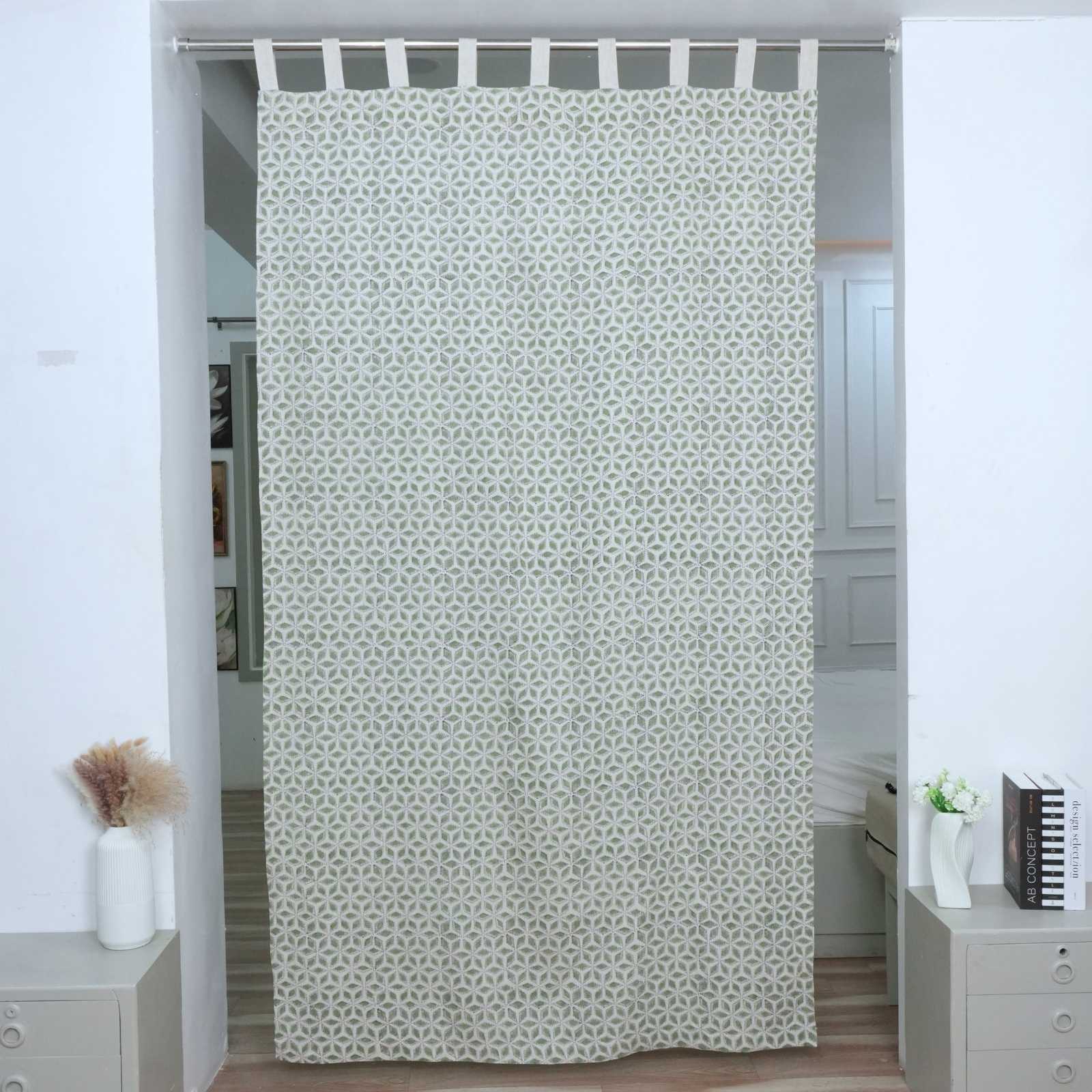 Block Print Tab Top Linen Curtains Shatkon Sage Green