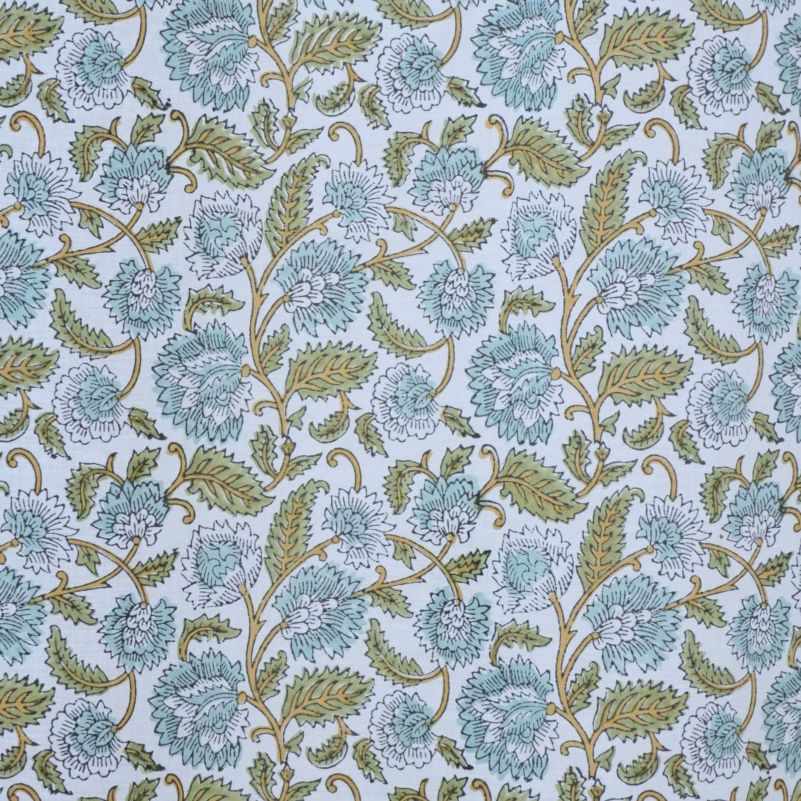 Hand Printed Blue Floral Pure Cotton Boho Curtain - Mandakani
