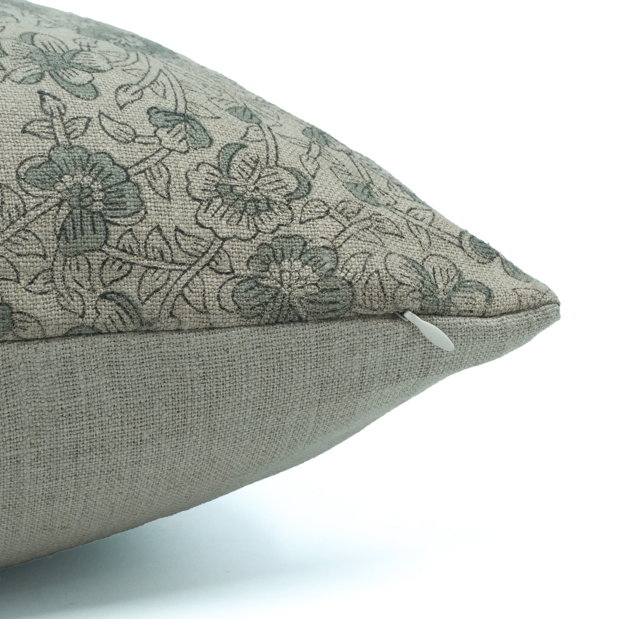 Handmade Saundrya Printed Gray Floral Linen Cushion Cover
