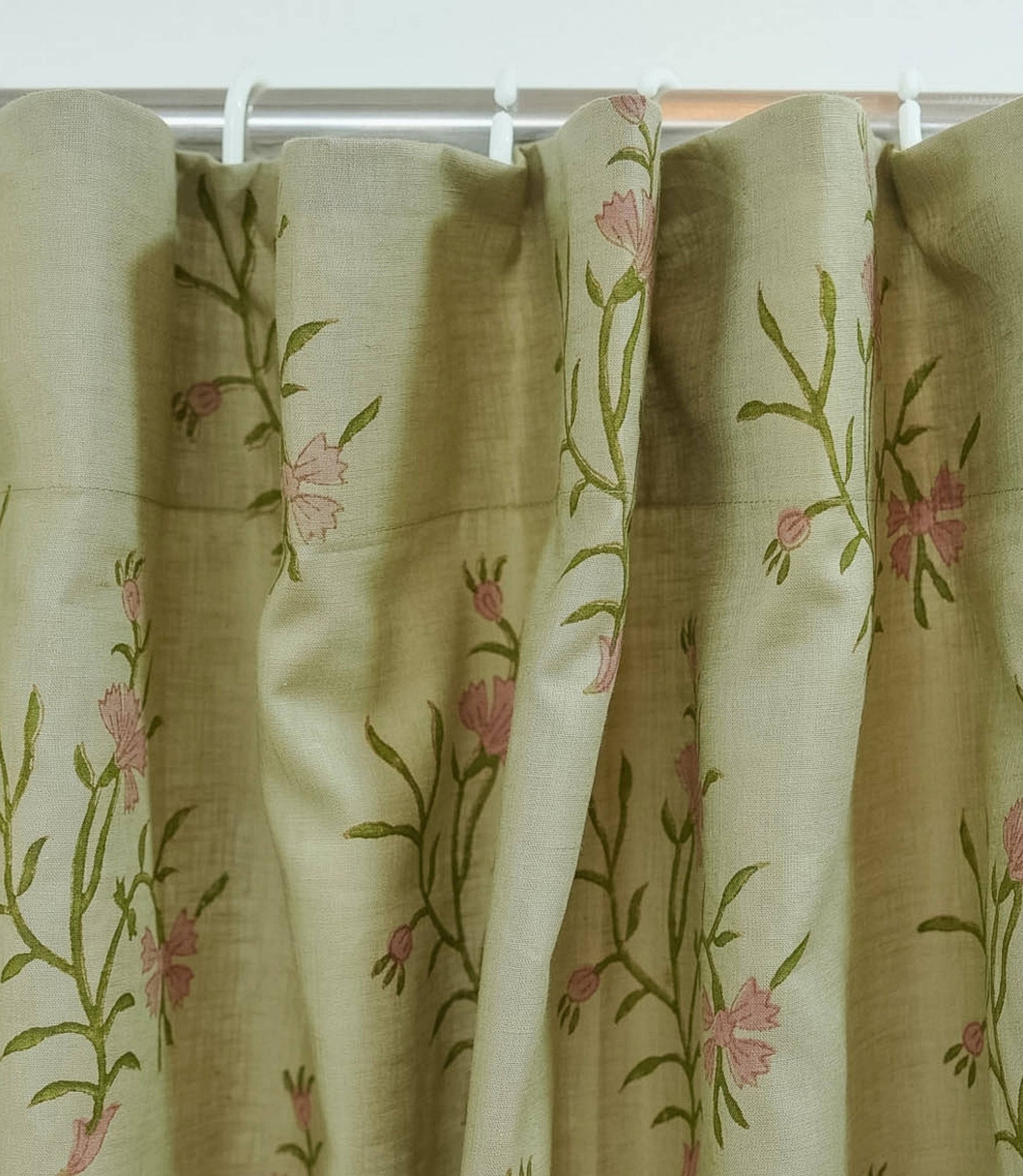 Block Print Gray Floral Linen Bedroom Window Curtains - Daisy