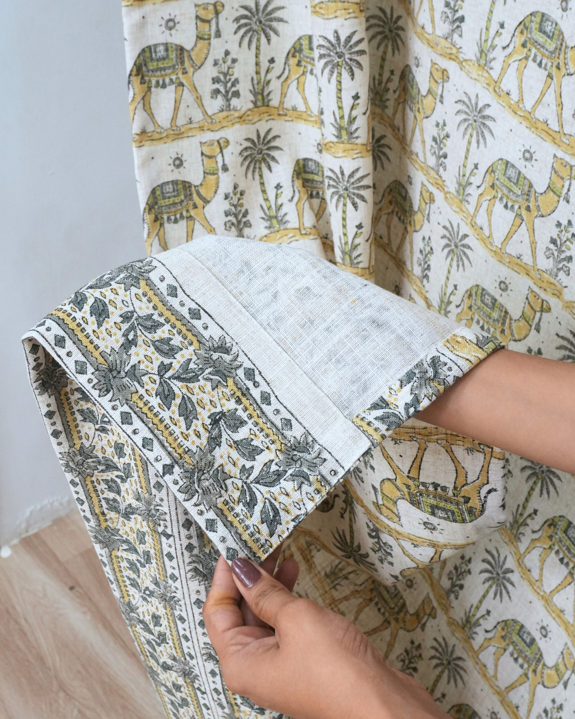 Camel Hand Block Print Tab Top Curtains — Gray &amp; Yellow Viscose Linen