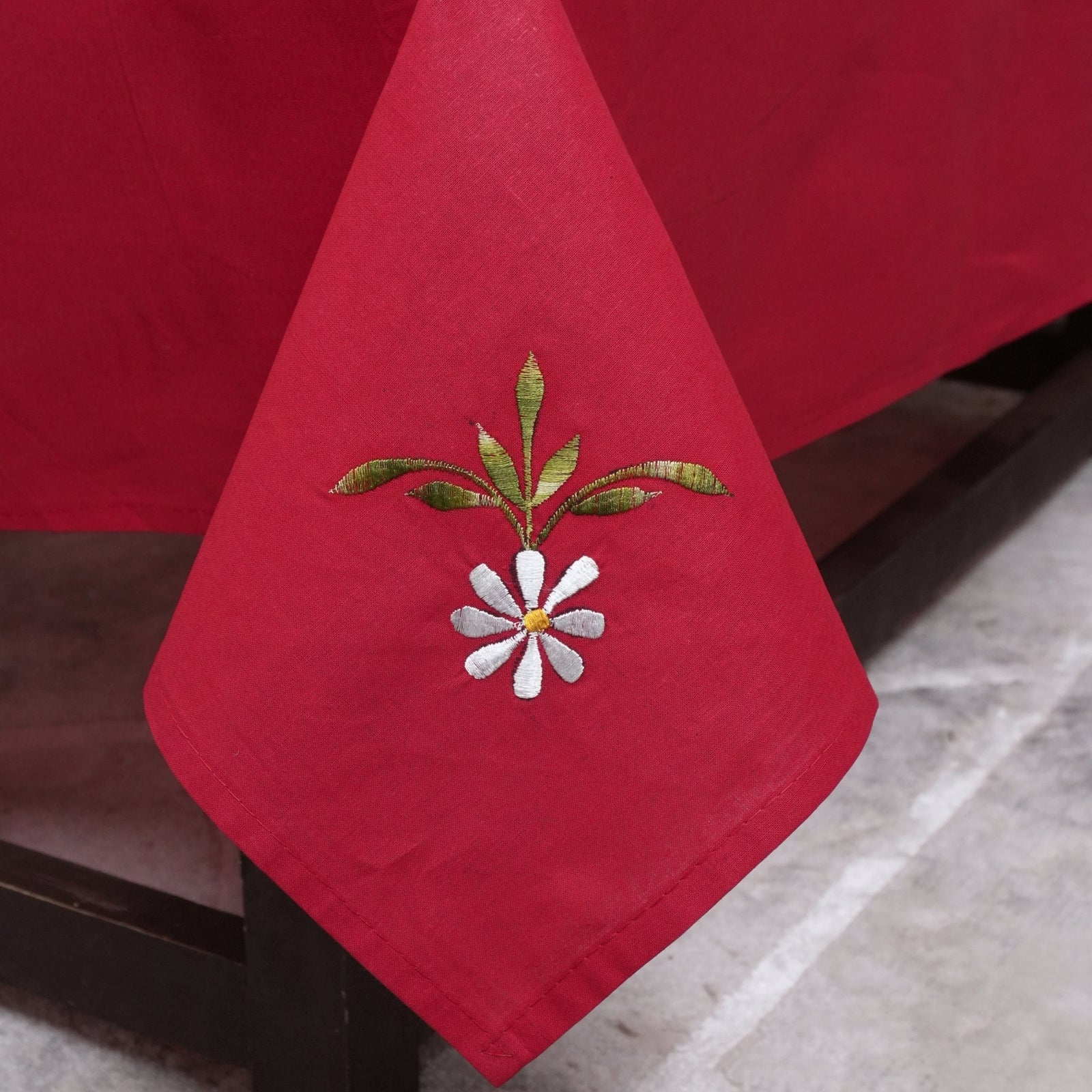 Red Green Floral Embroidered Cotton Table Cover | Dining Decor