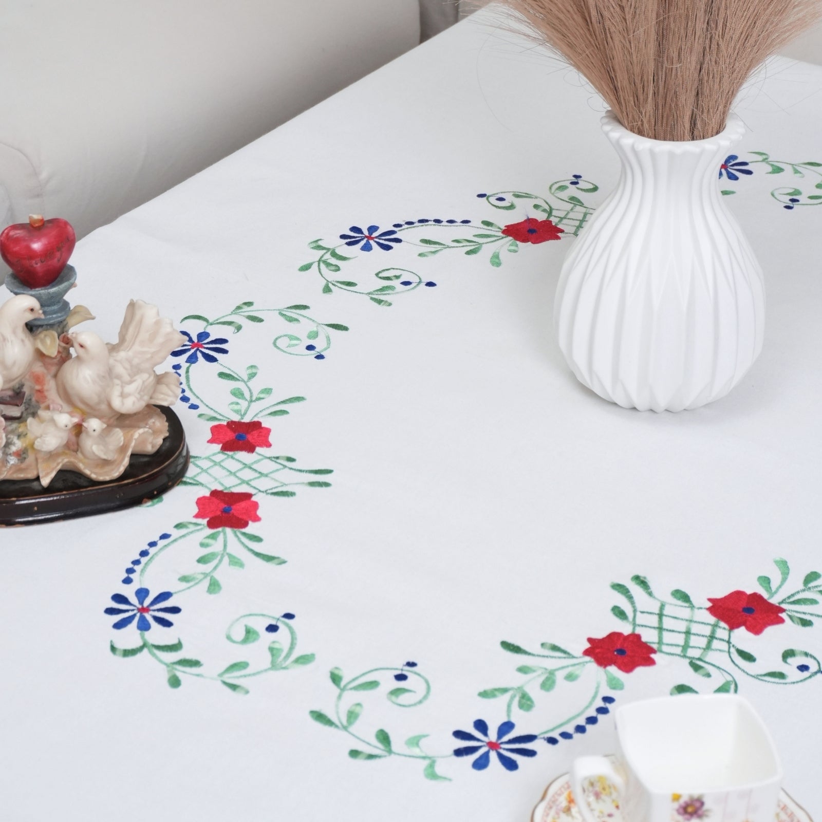 Green Blue Floral Boho Indian Artisan Embroidered Table Cover