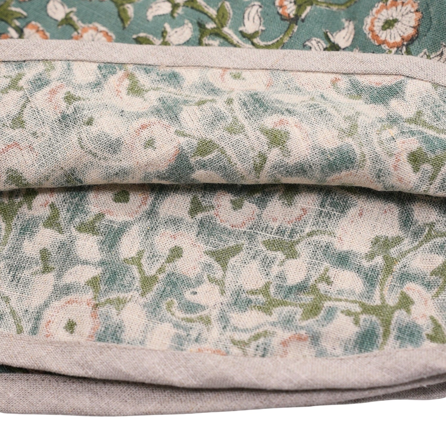 Indian Handmade Block Printed Dolphin Gray, Green & Bronze Floral Pure Linen Christmas Tree Skirt – Himachal Craft