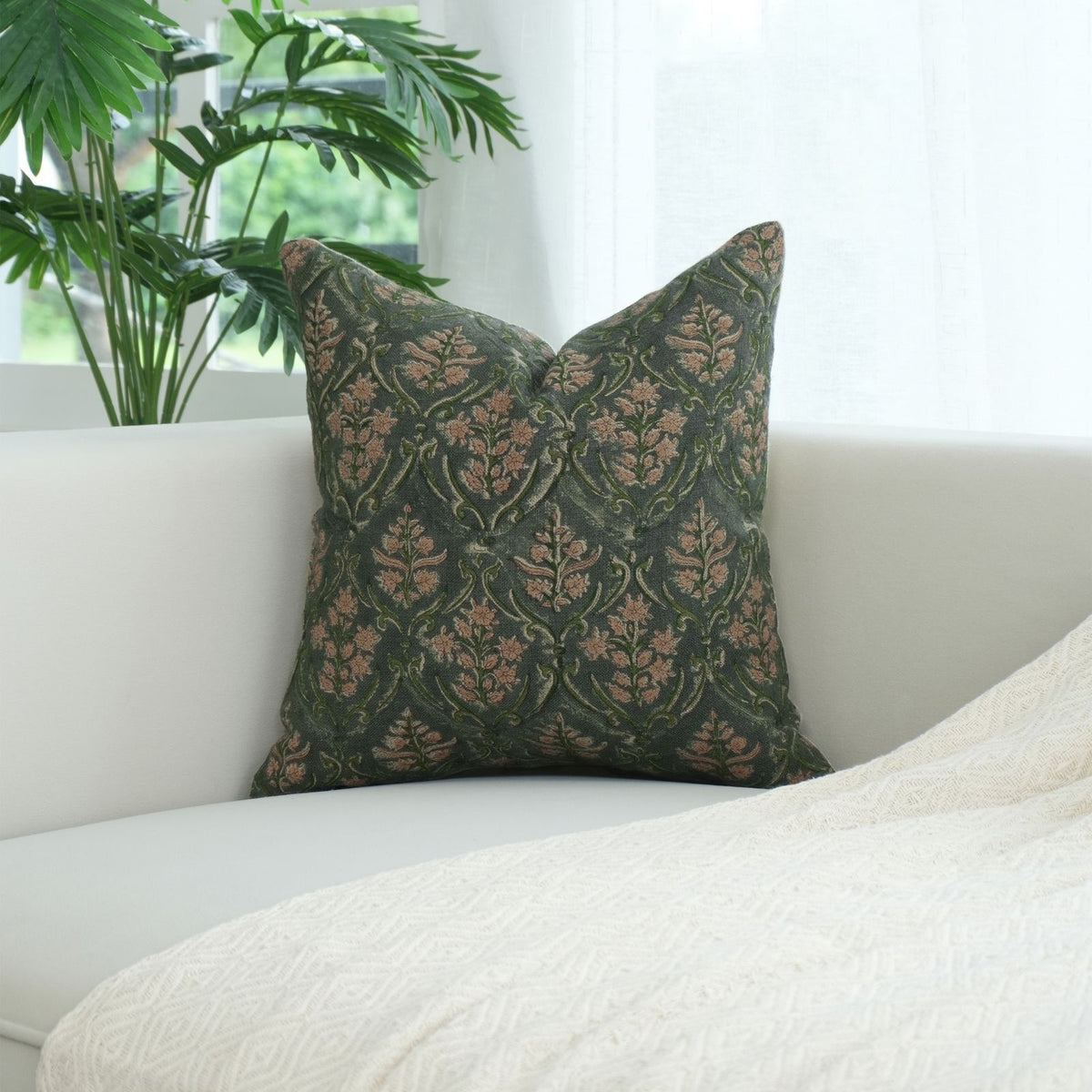 Vishalpushp Tan & Olive Trellis Block Print Cushion Forest Linen