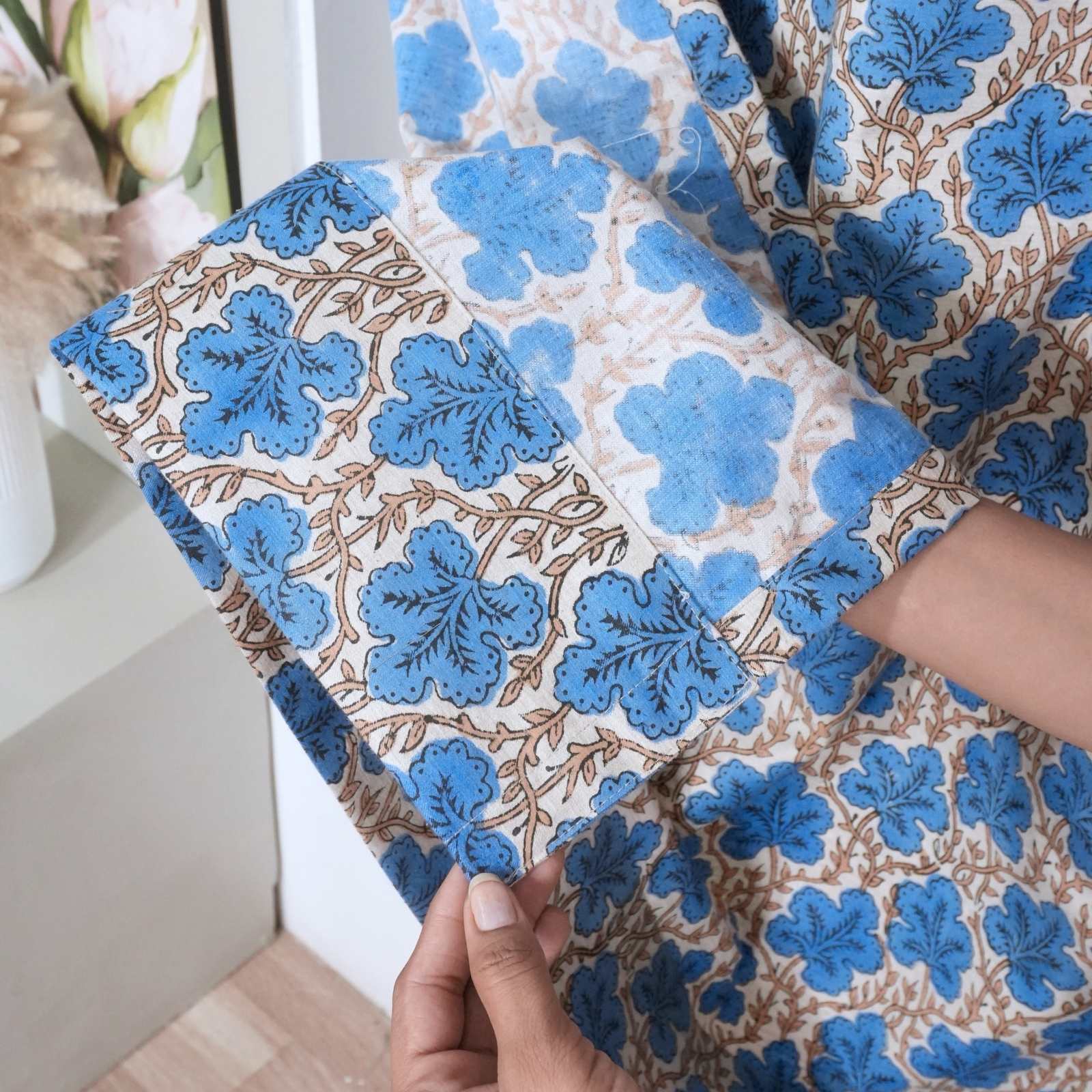 Cornflower Blue Leaf Vine Hand Block Print Linen Tab Top Drapes - Pushpsamhita