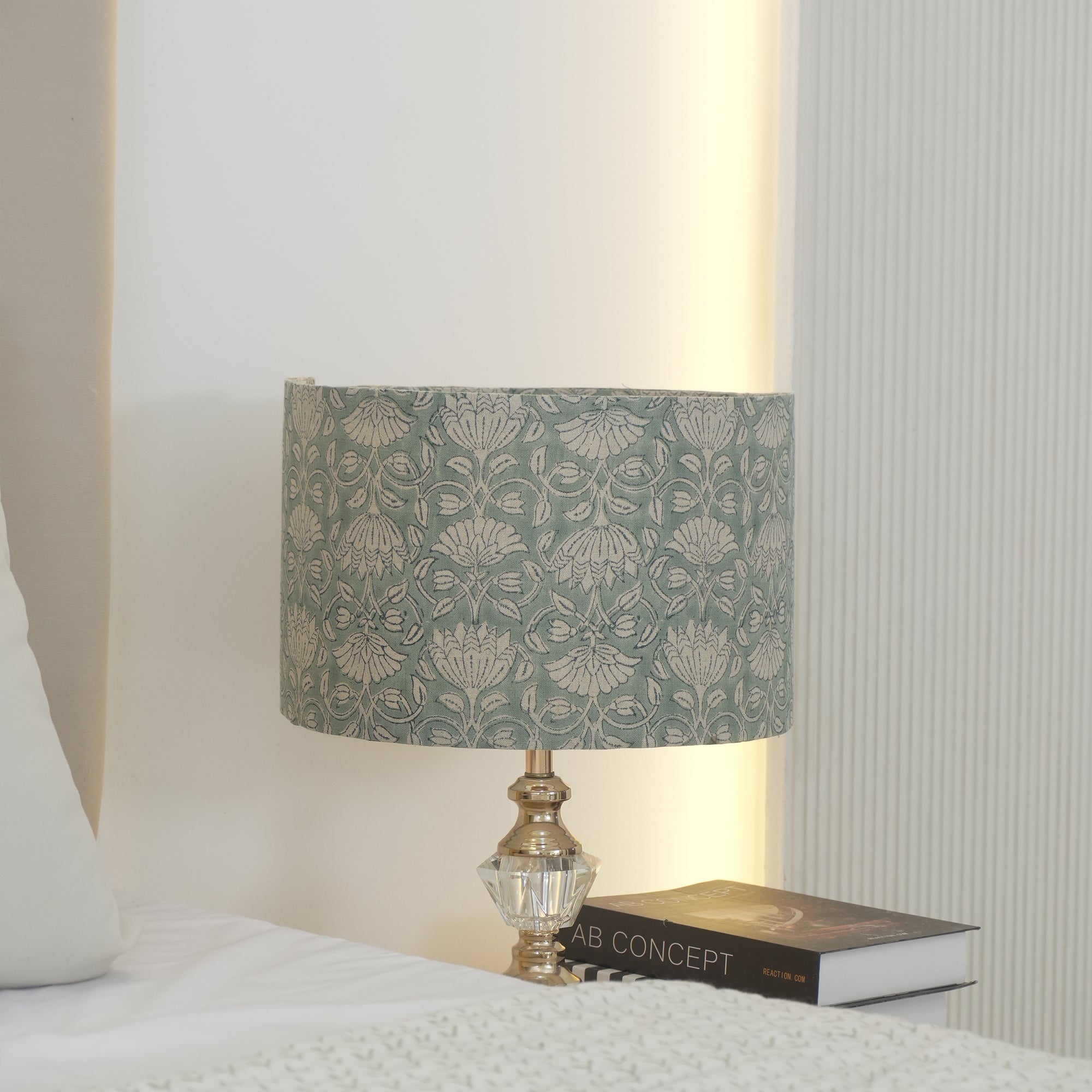Hand Printed Sage Green Ulta Kamal Linen Drum Lampshade